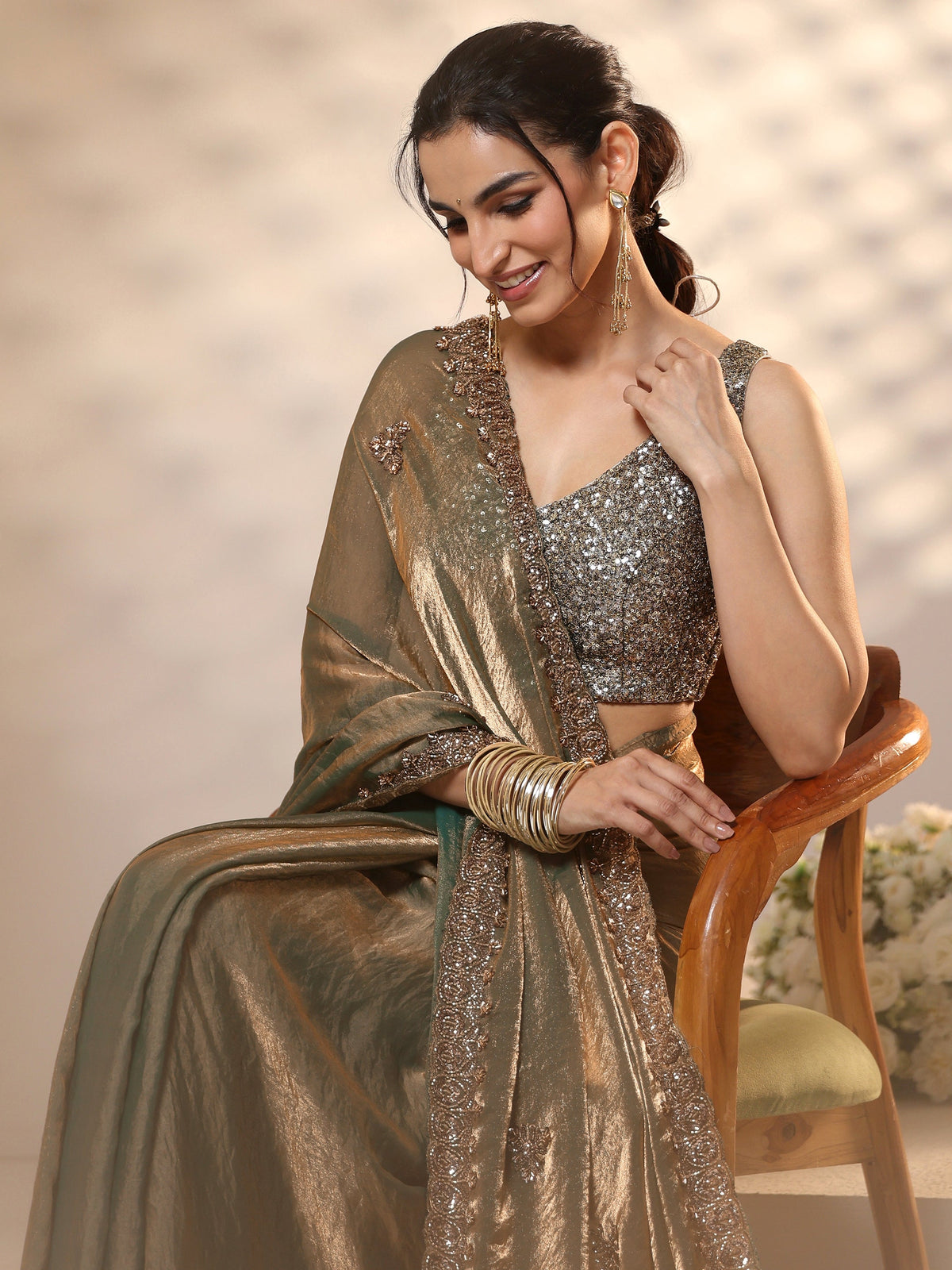 Libas Metallic Olive Green Embellished Tissue Saree