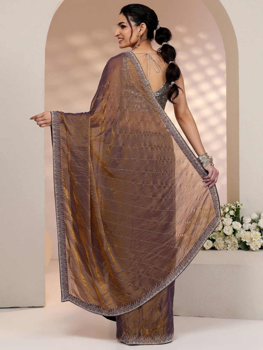 Libas Lavender Stone Work Striped Embellished Tissue Saree