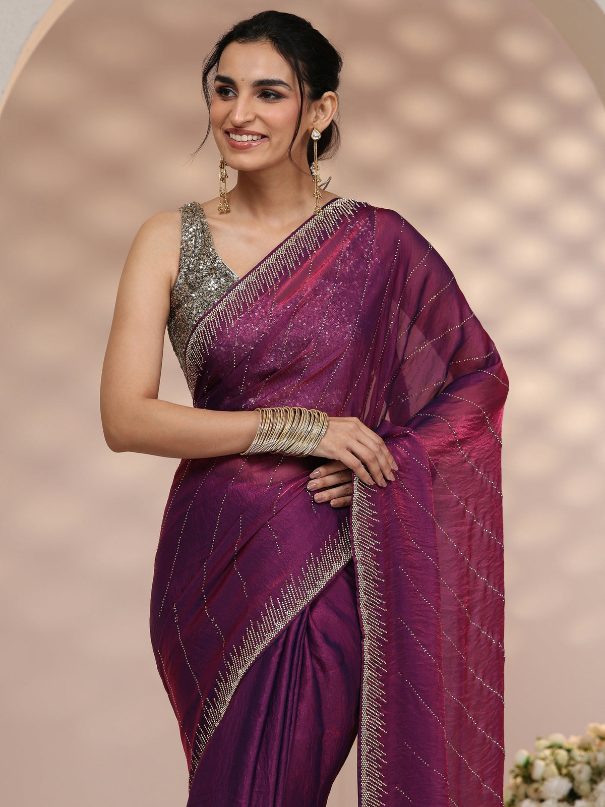 Libas Plum Purple Stone Work Striped Embellished Tissue Saree