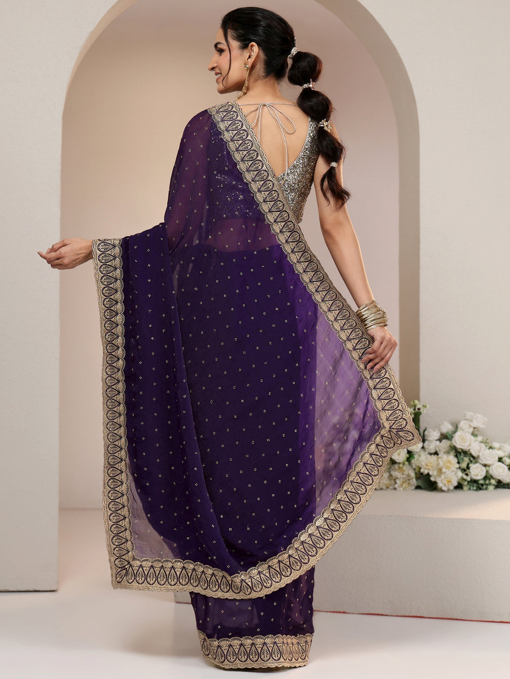 Libas Amethyst Purple Tissue Saree with Floral Embellishments