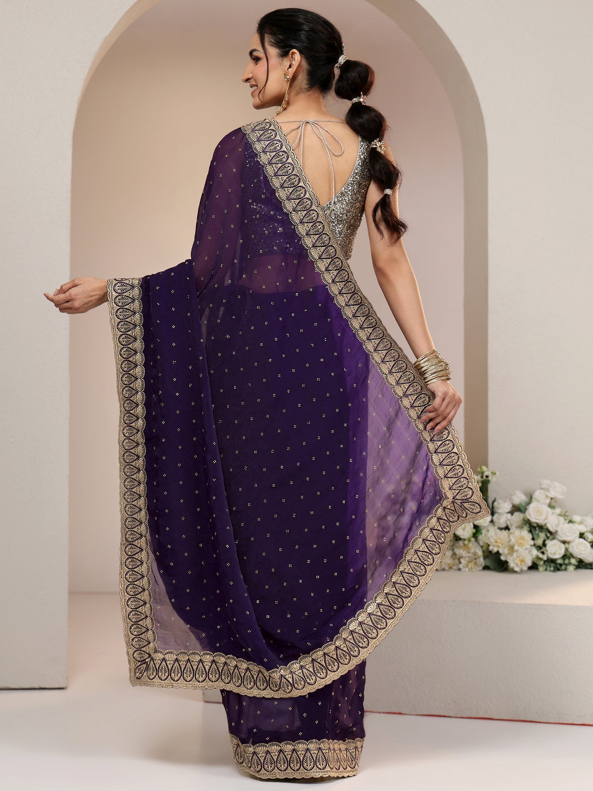 Libas Amethyst Purple Tissue Saree with Floral Embellishments