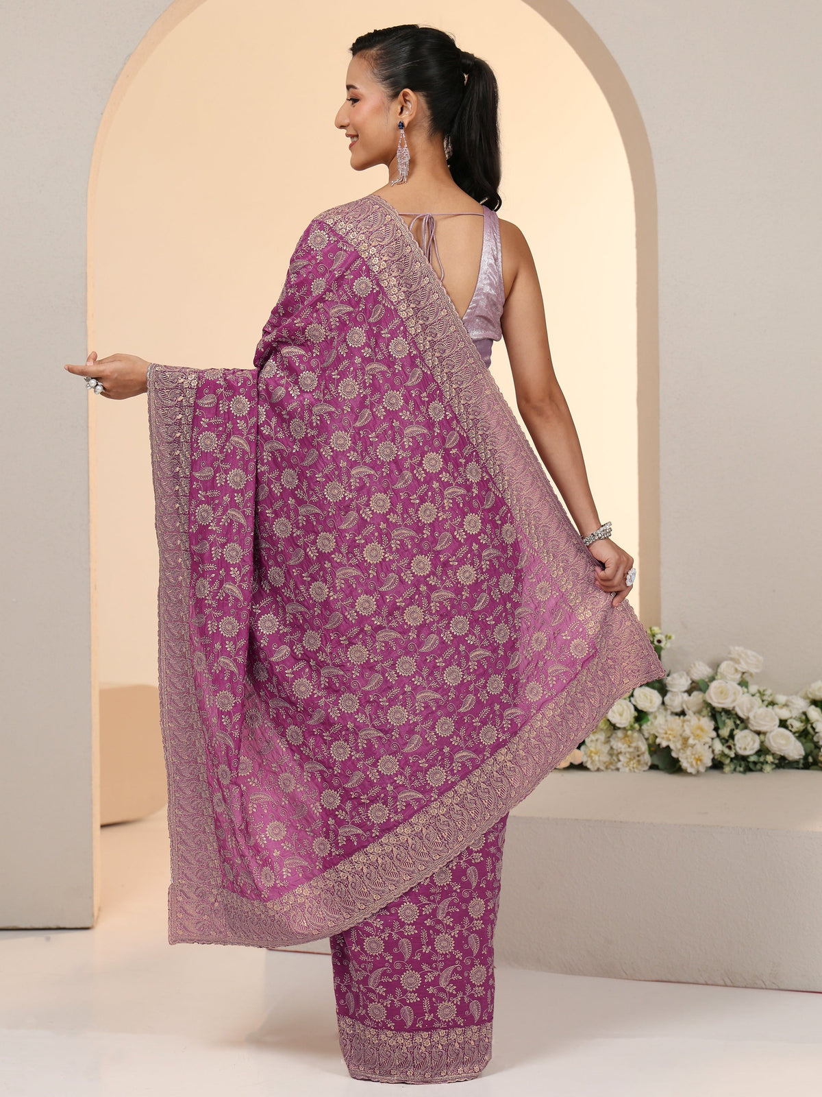 Libas Mauve Satin Saree with Floral Embellishments