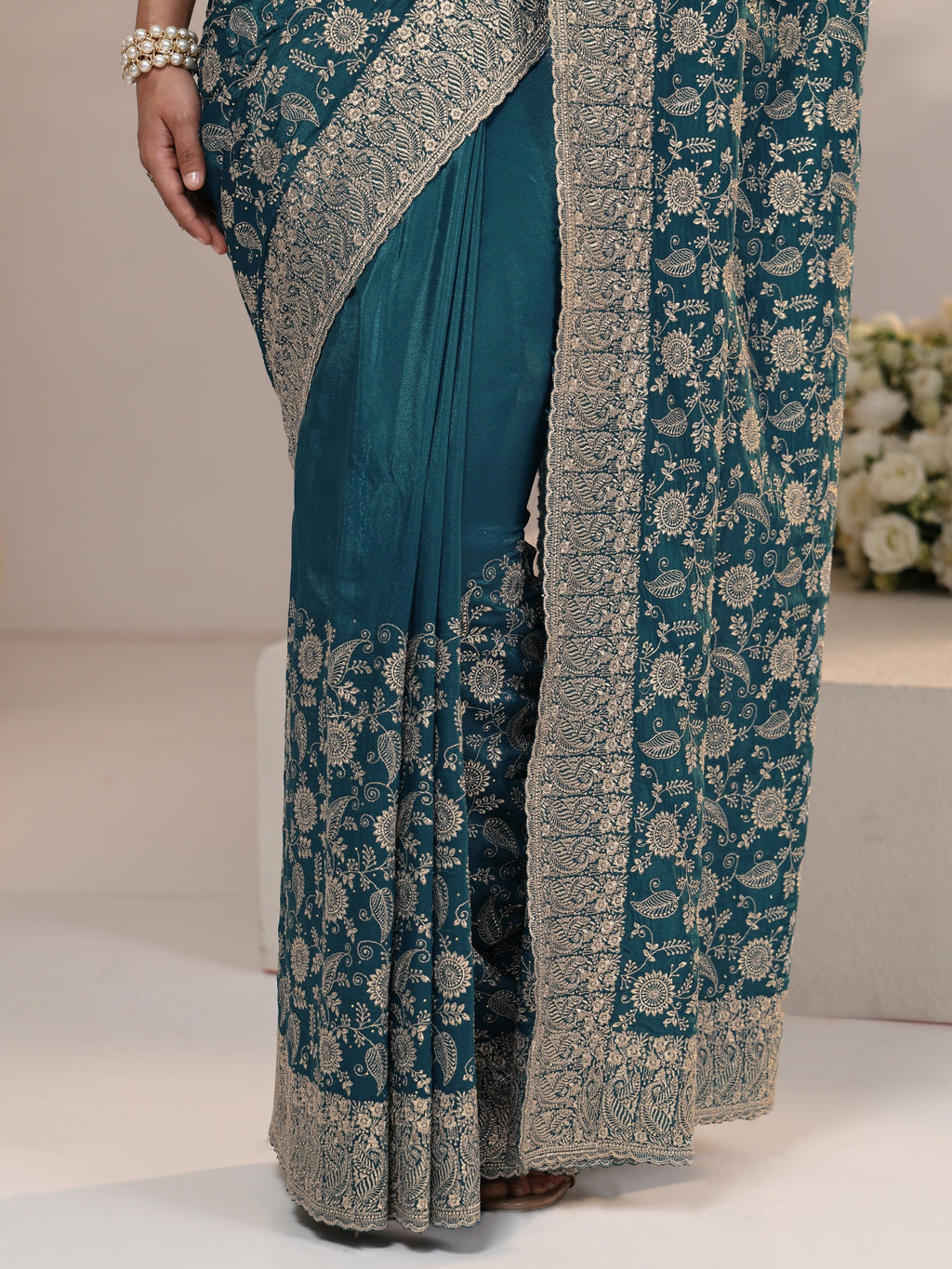 Libas Slate Blue Satin Saree with Floral Embellishments