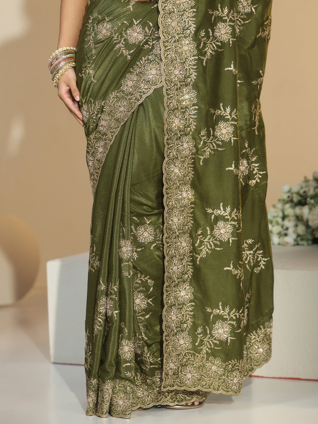 Libas Olive Geen Floral Embroidered Satin Saree