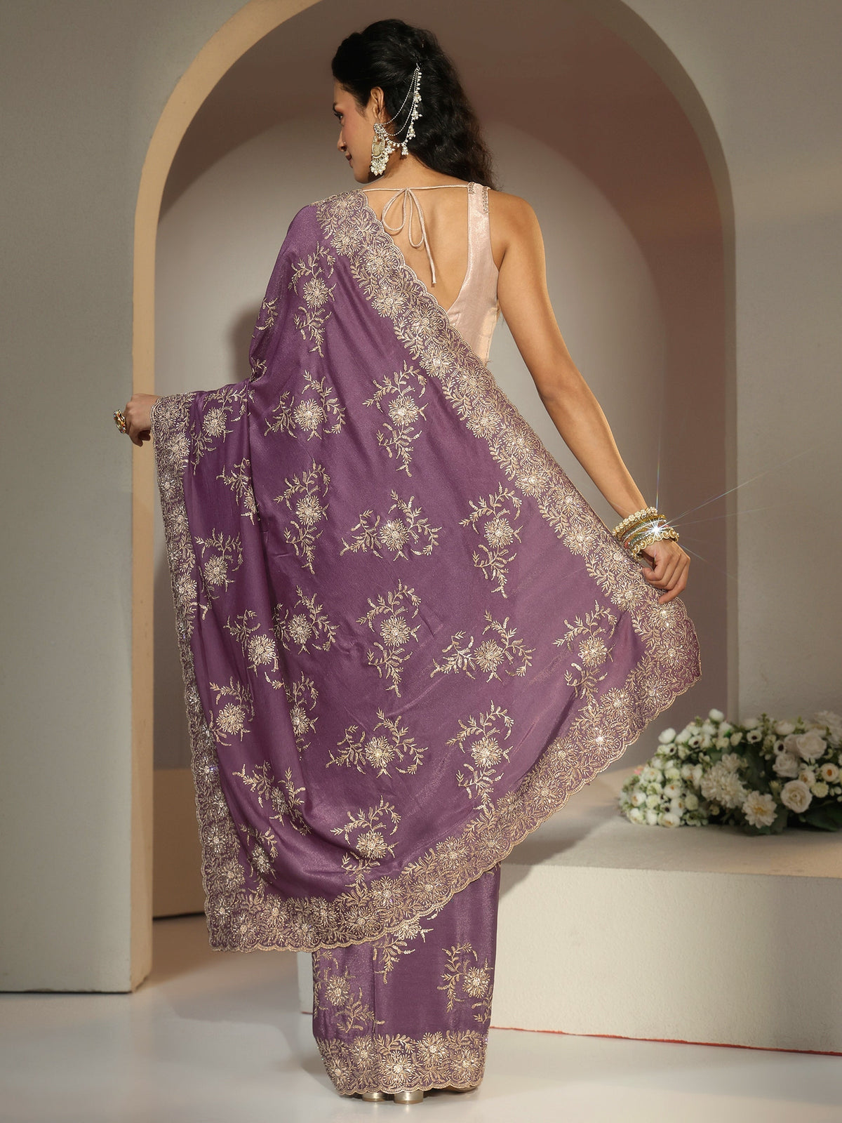 Libas Lavender Floral Embroidered Satin Saree