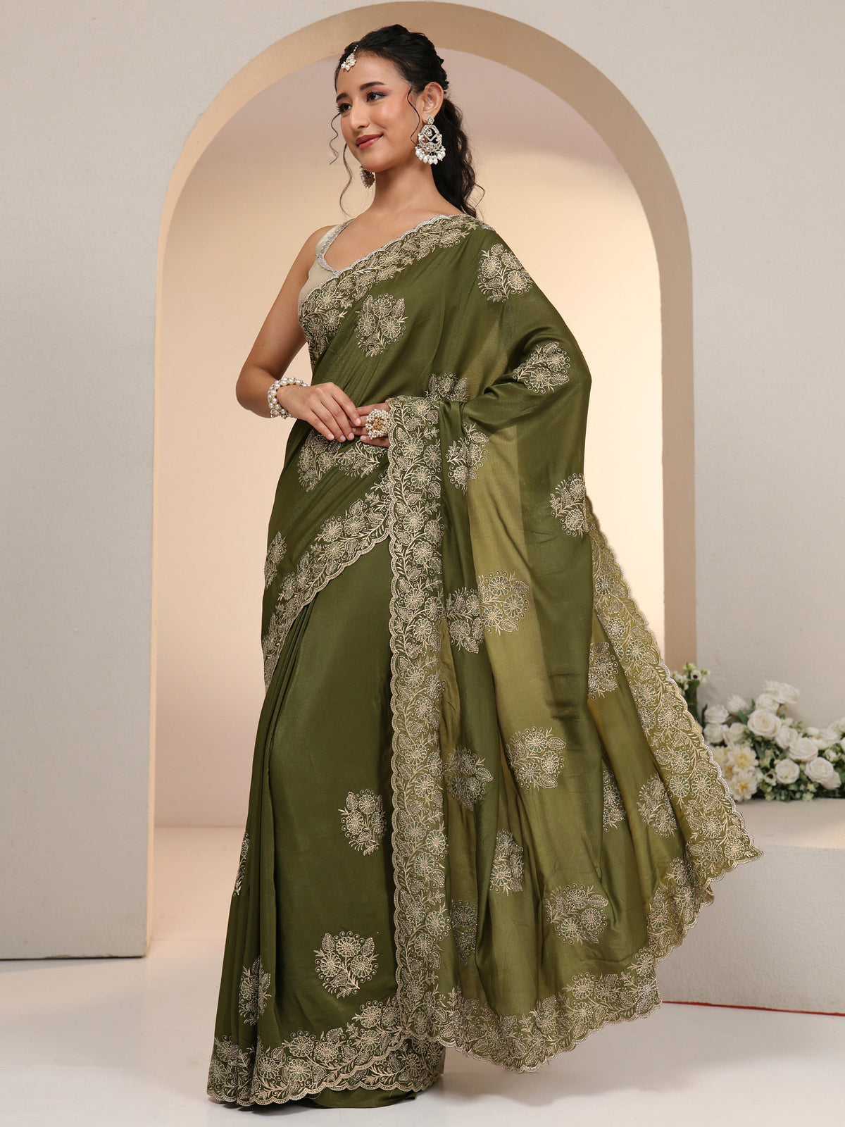Libas Leaf Green Satin Saree with Embroidered Floral Motifs