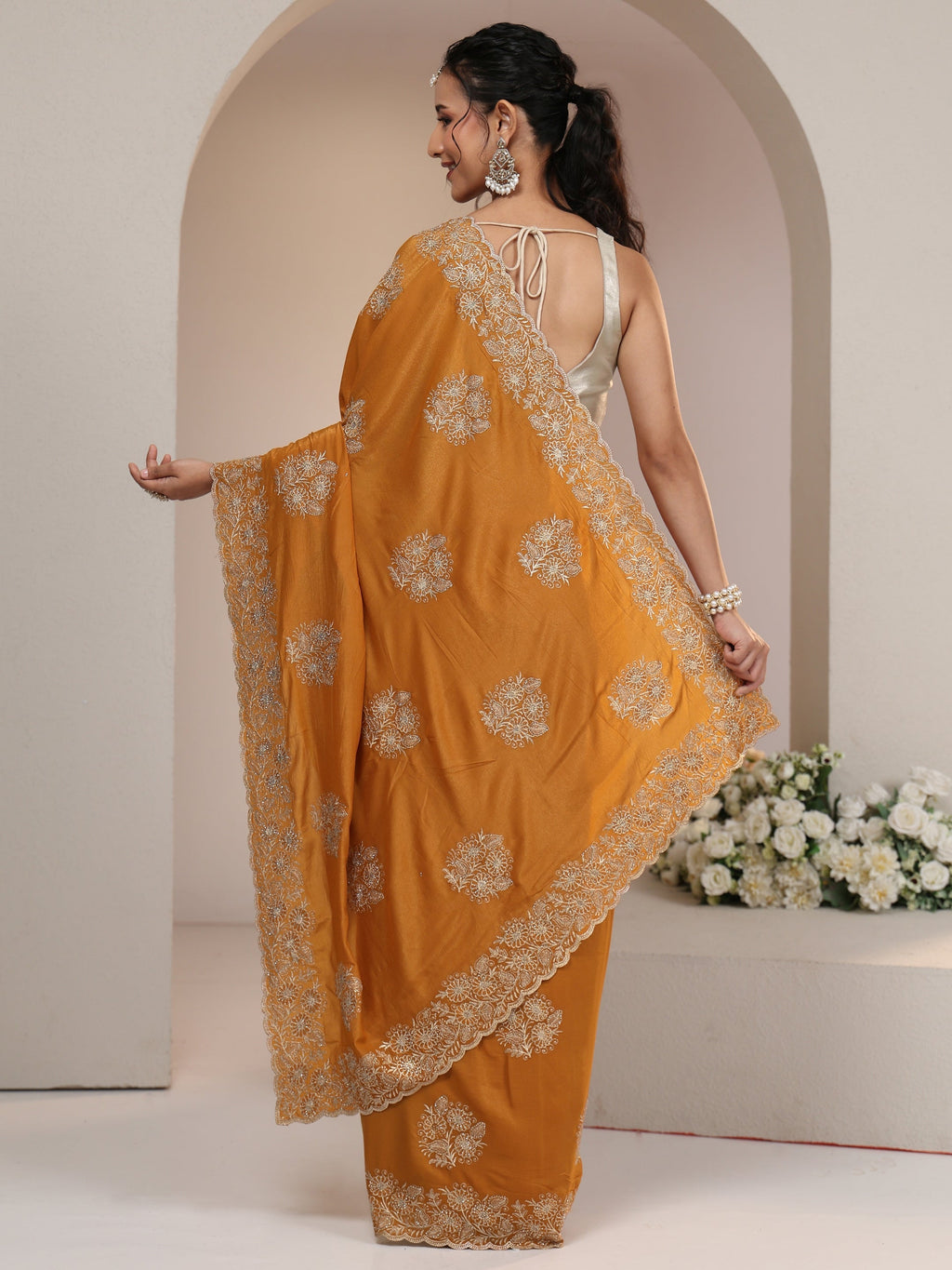 Libas Burnt Orange Satin Saree with Embroidered Floral Motifs