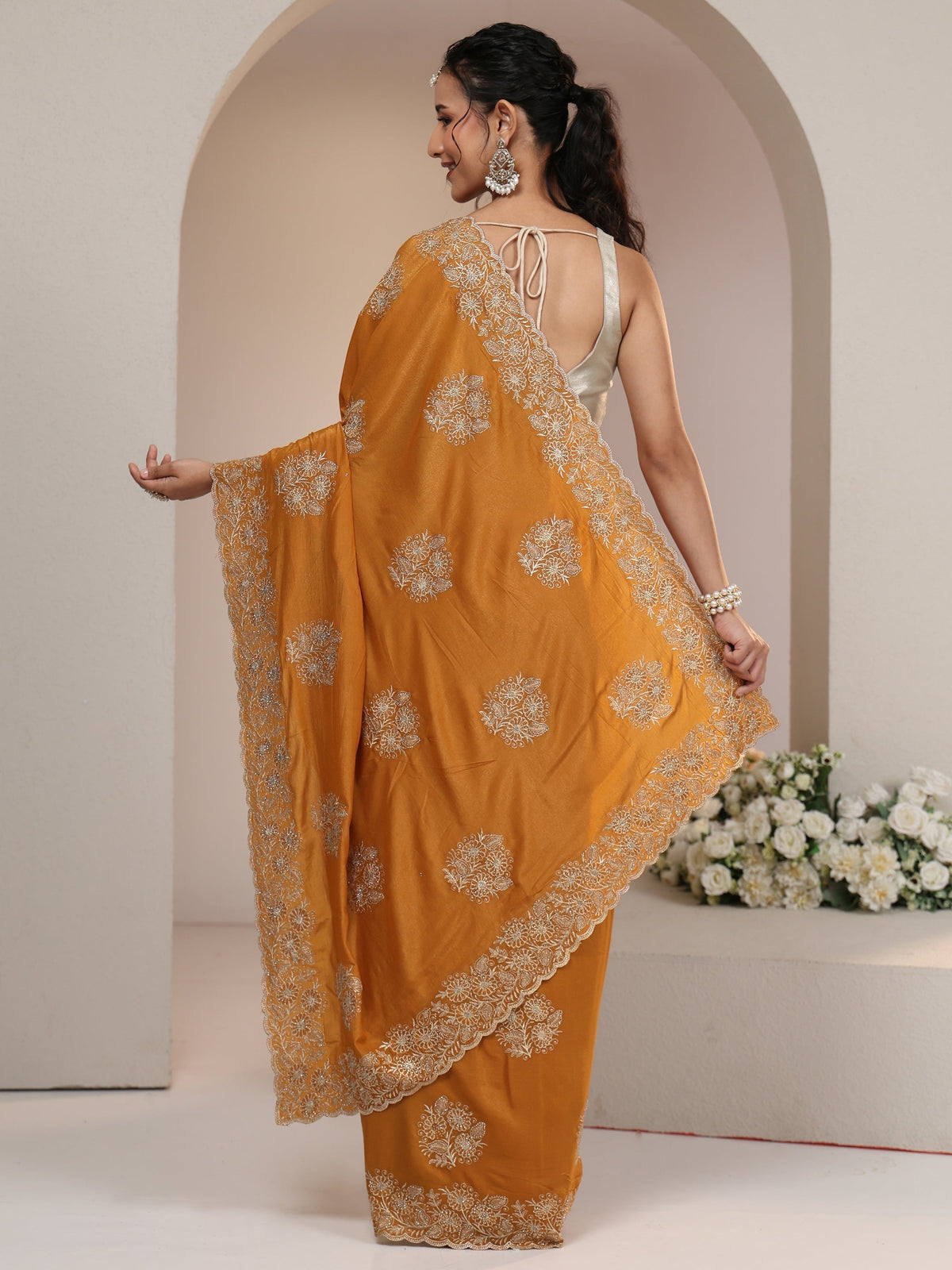 Libas Burnt Orange Satin Saree with Embroidered Floral Motifs