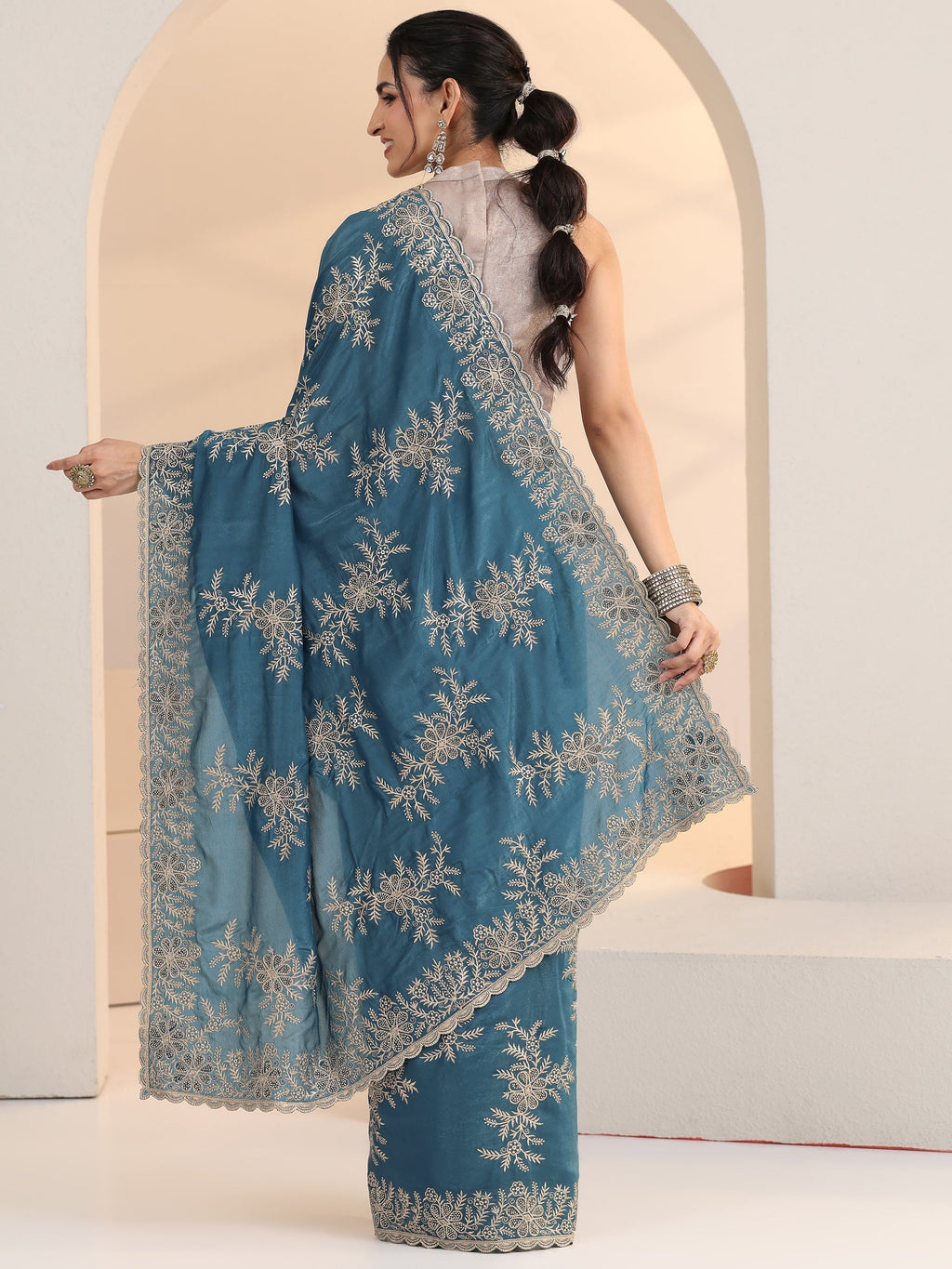 Libas Cerulean Blue Floral Embroidered Satin Saree