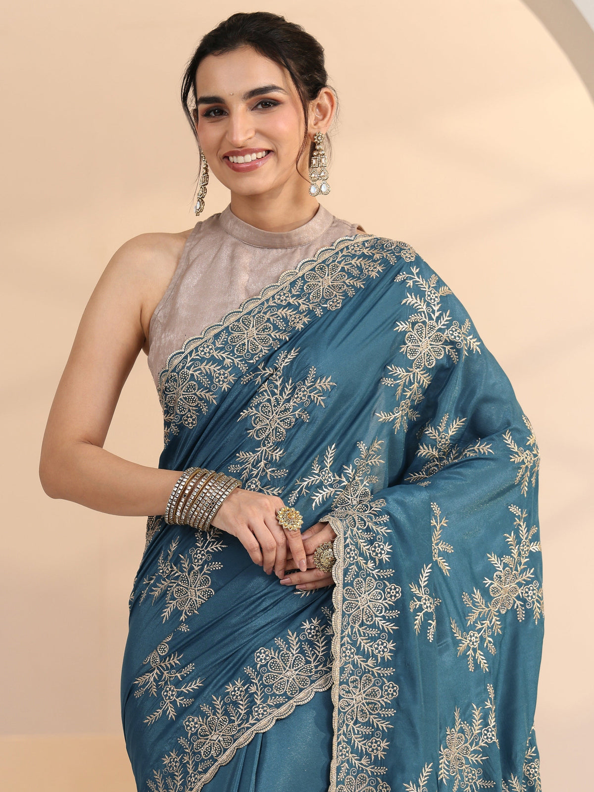 Libas Cerulean Blue Floral Embroidered Satin Saree
