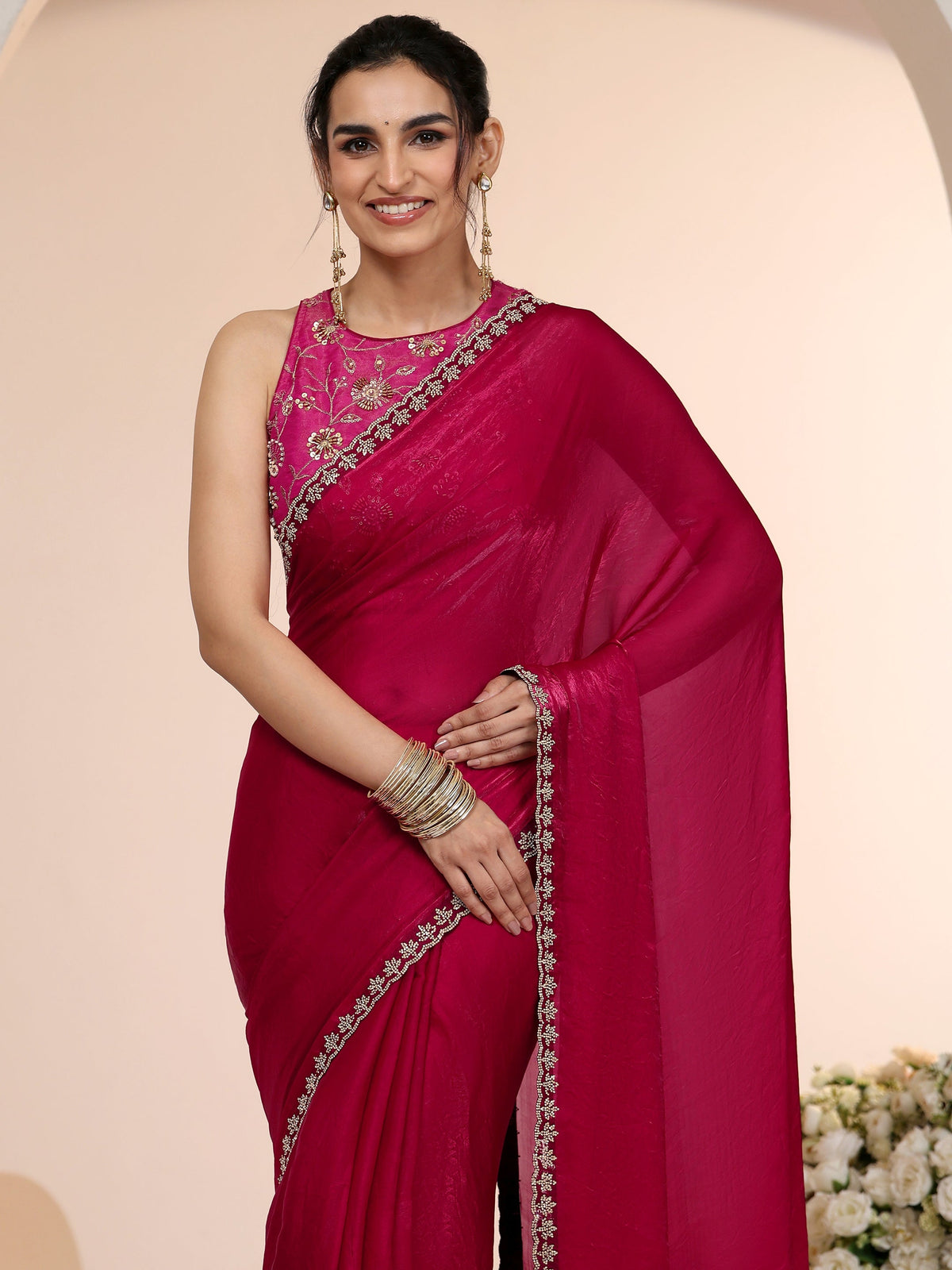 Libas Rose Pink Tissue Saree with Stone Work Border