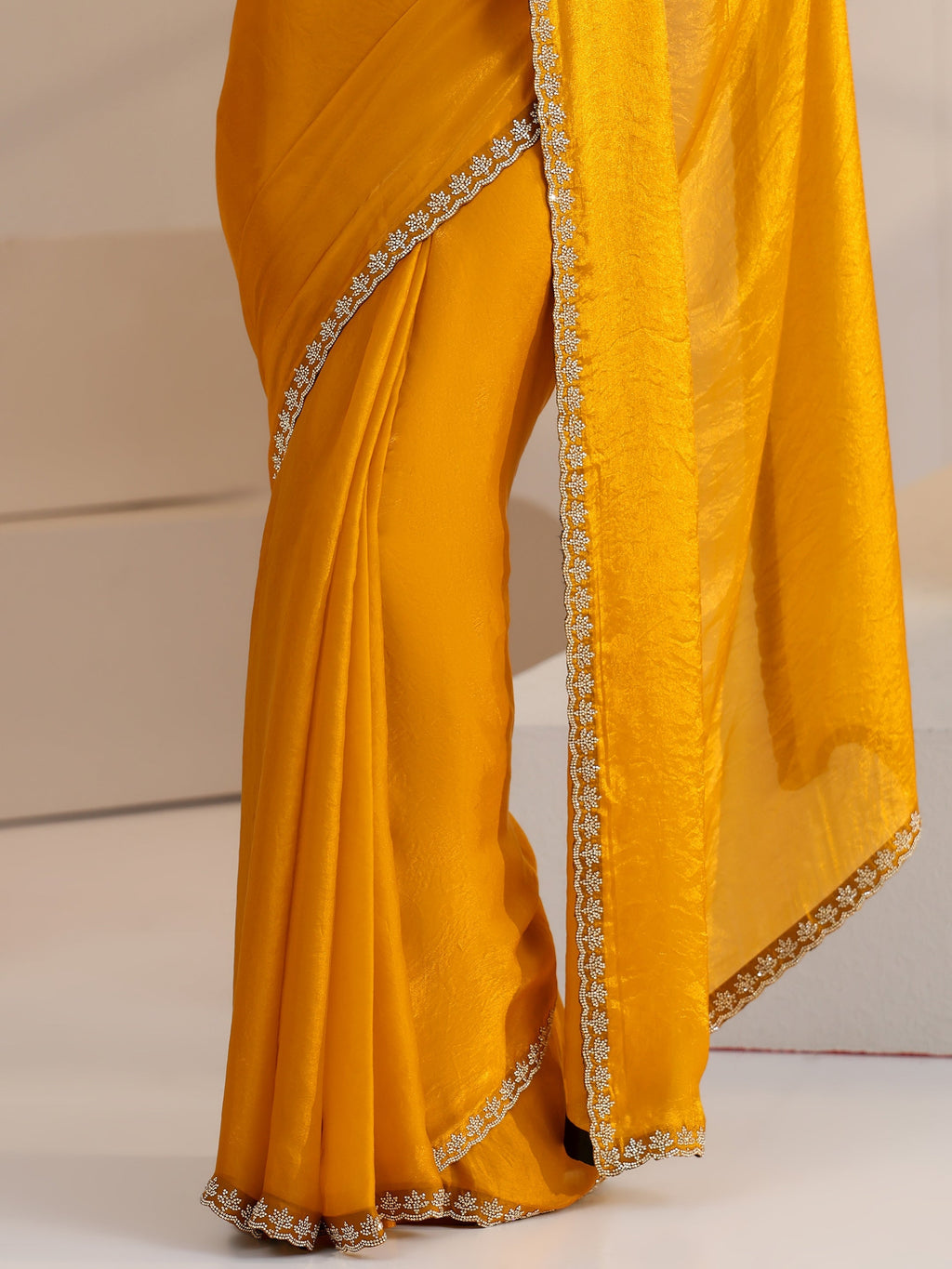 Libas Mustard Yellow Tissue Saree with Stone Work Border