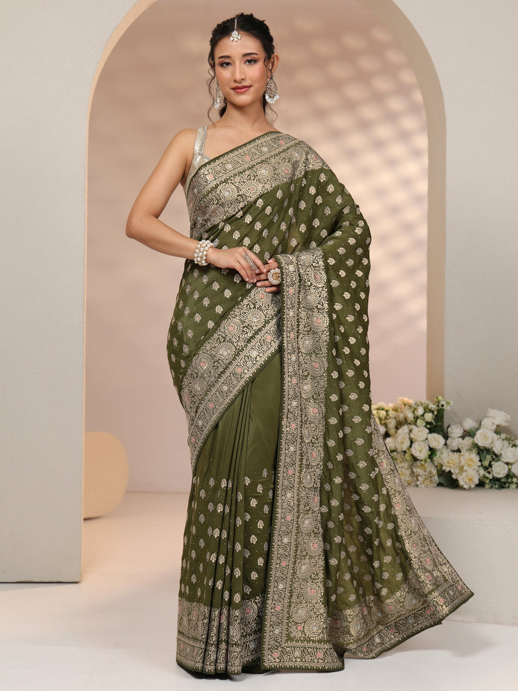 Libas Leaf Green Embellished Satin Saree with Ethnic Motifs