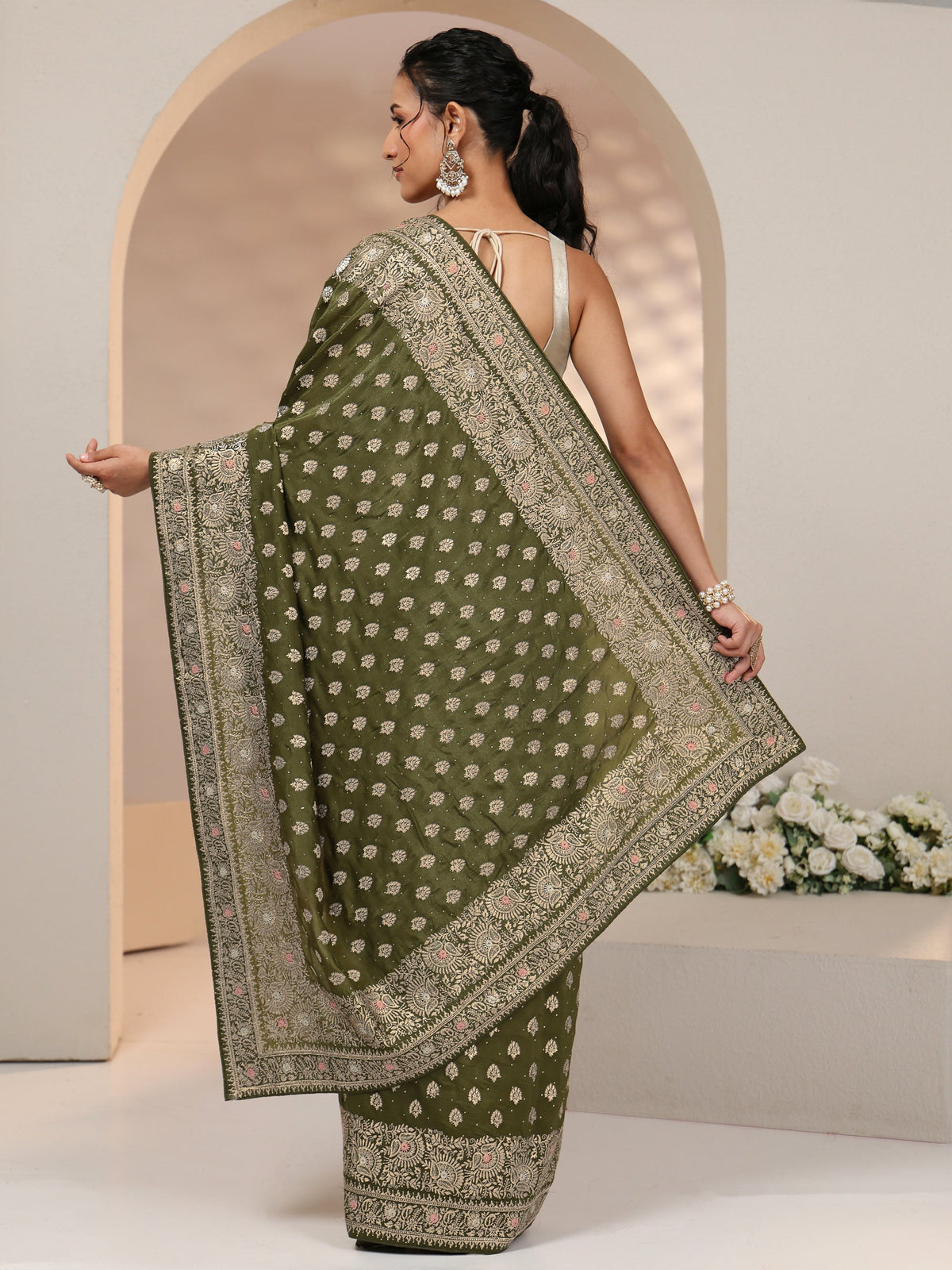 Libas Leaf Green Embellished Satin Saree with Ethnic Motifs
