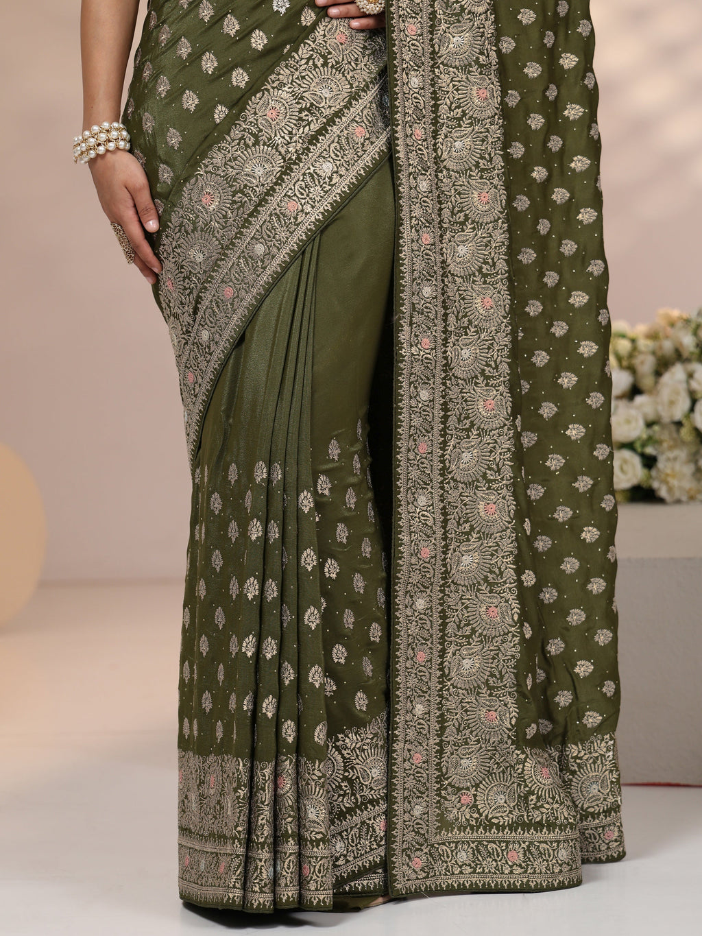 Libas Leaf Green Embellished Satin Saree with Ethnic Motifs