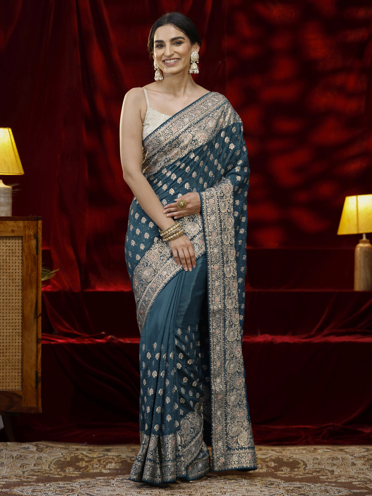 Libas Blue Ethnic Motif Embroidered Satin Saree