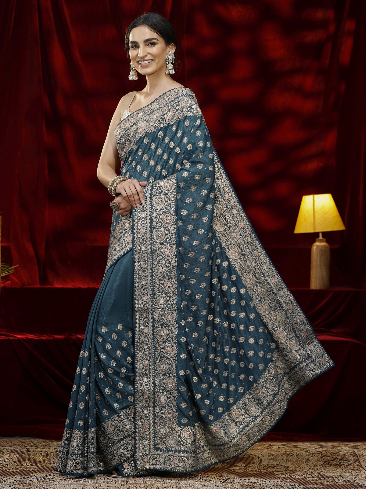 Libas Blue Ethnic Motif Embroidered Satin Saree