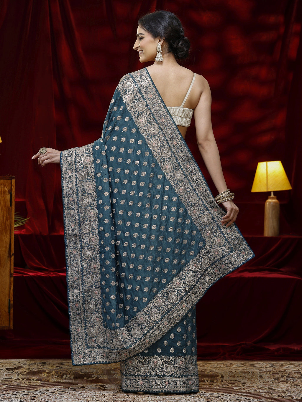 Libas Blue Ethnic Motif Embroidered Satin Saree