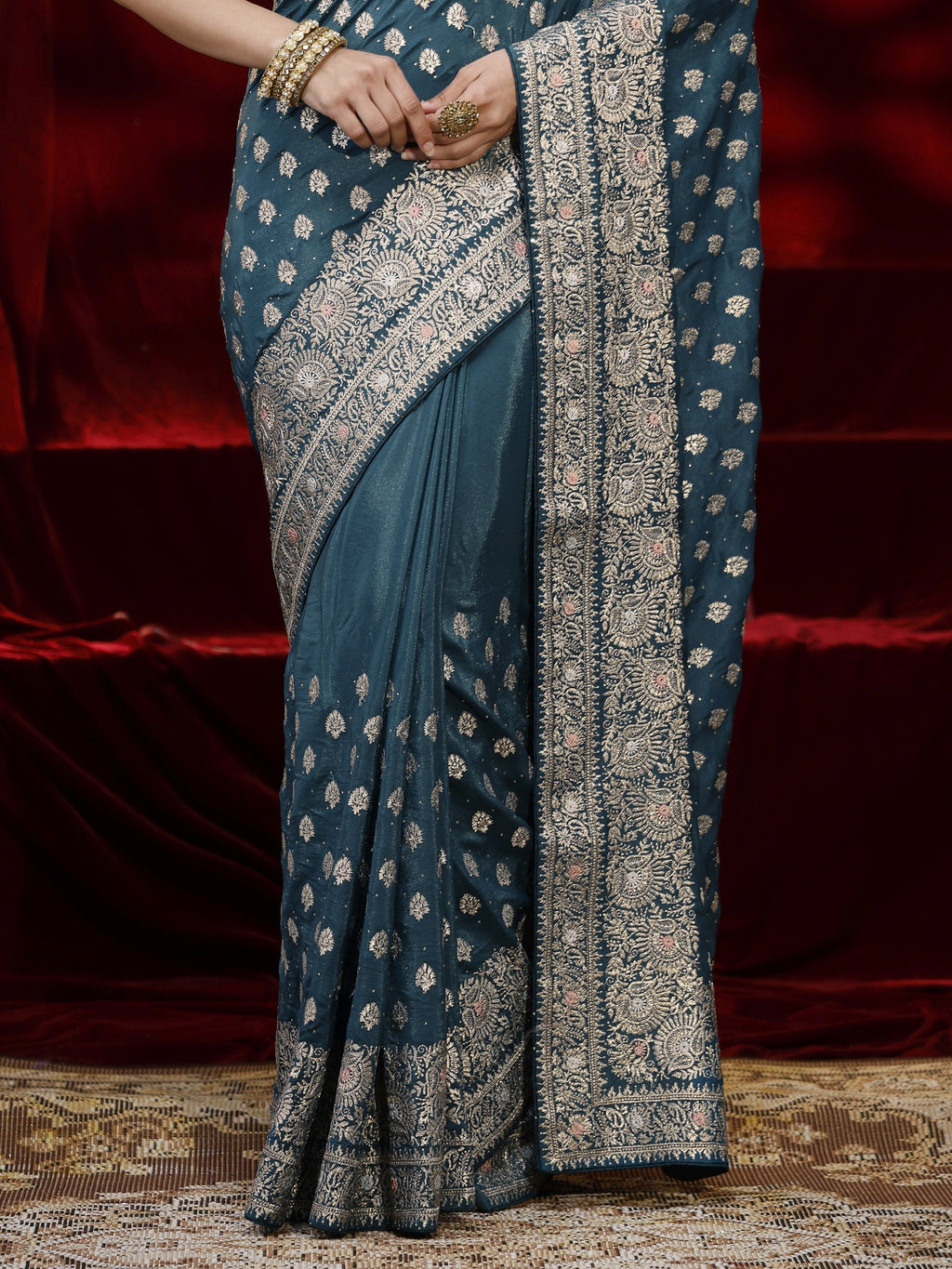 Libas Blue Ethnic Motif Embroidered Satin Saree