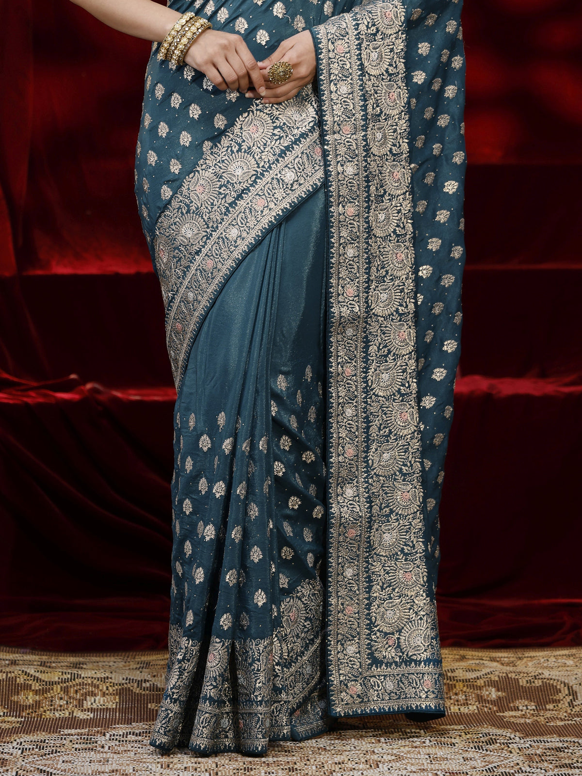 Libas Blue Ethnic Motif Embroidered Satin Saree
