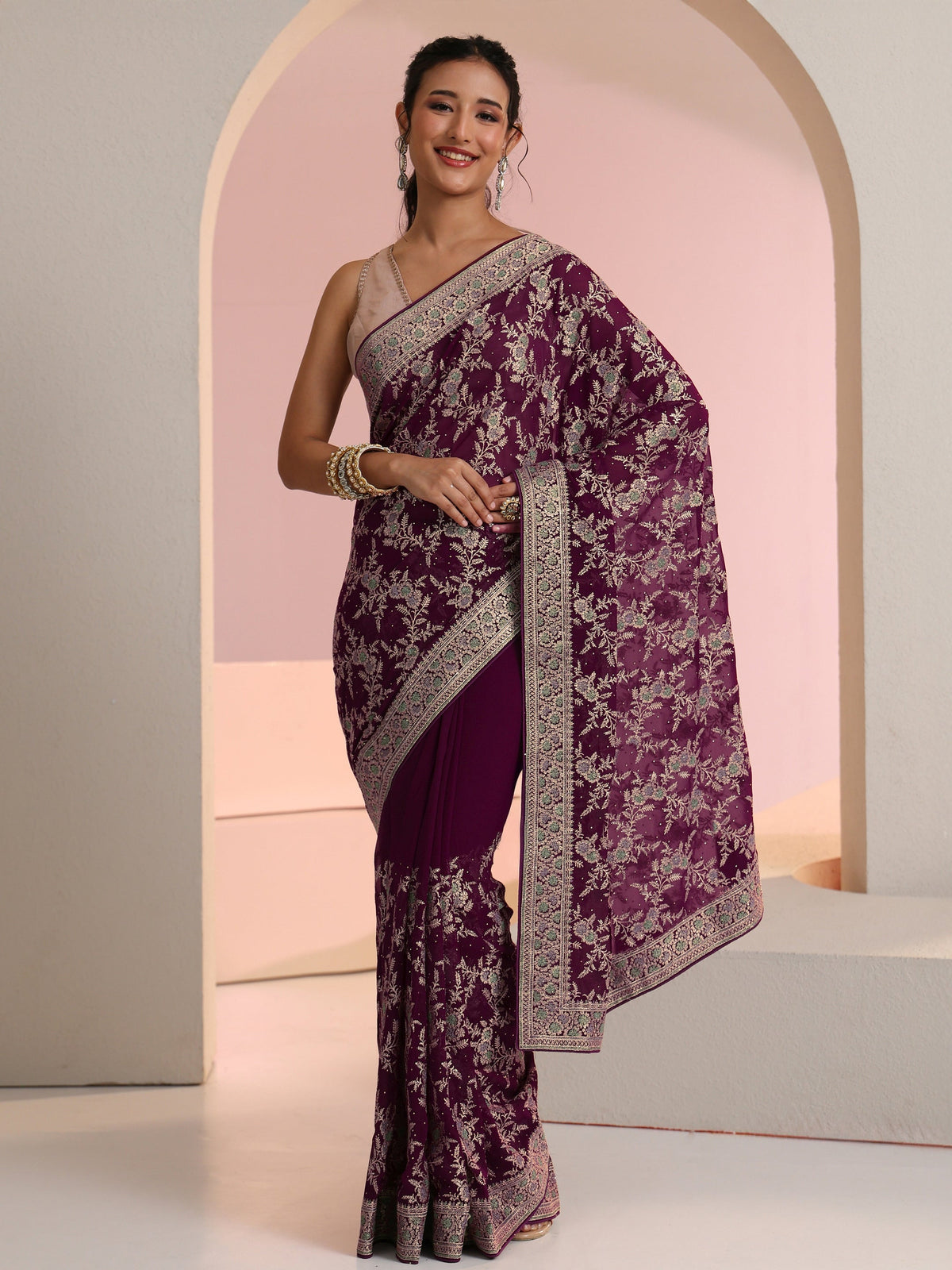 Libas Wine Red Floral  Embroidered Georgette Saree