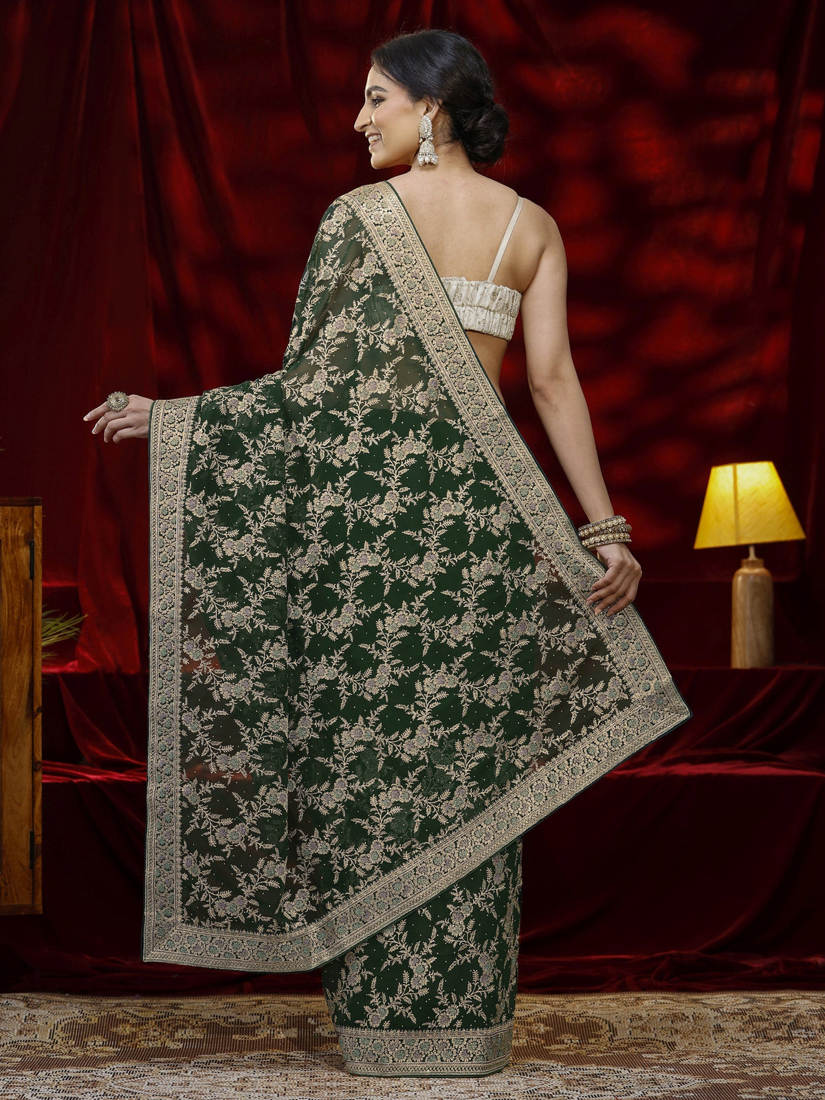 Libas Green Floral Embroidered Georgette Saree
