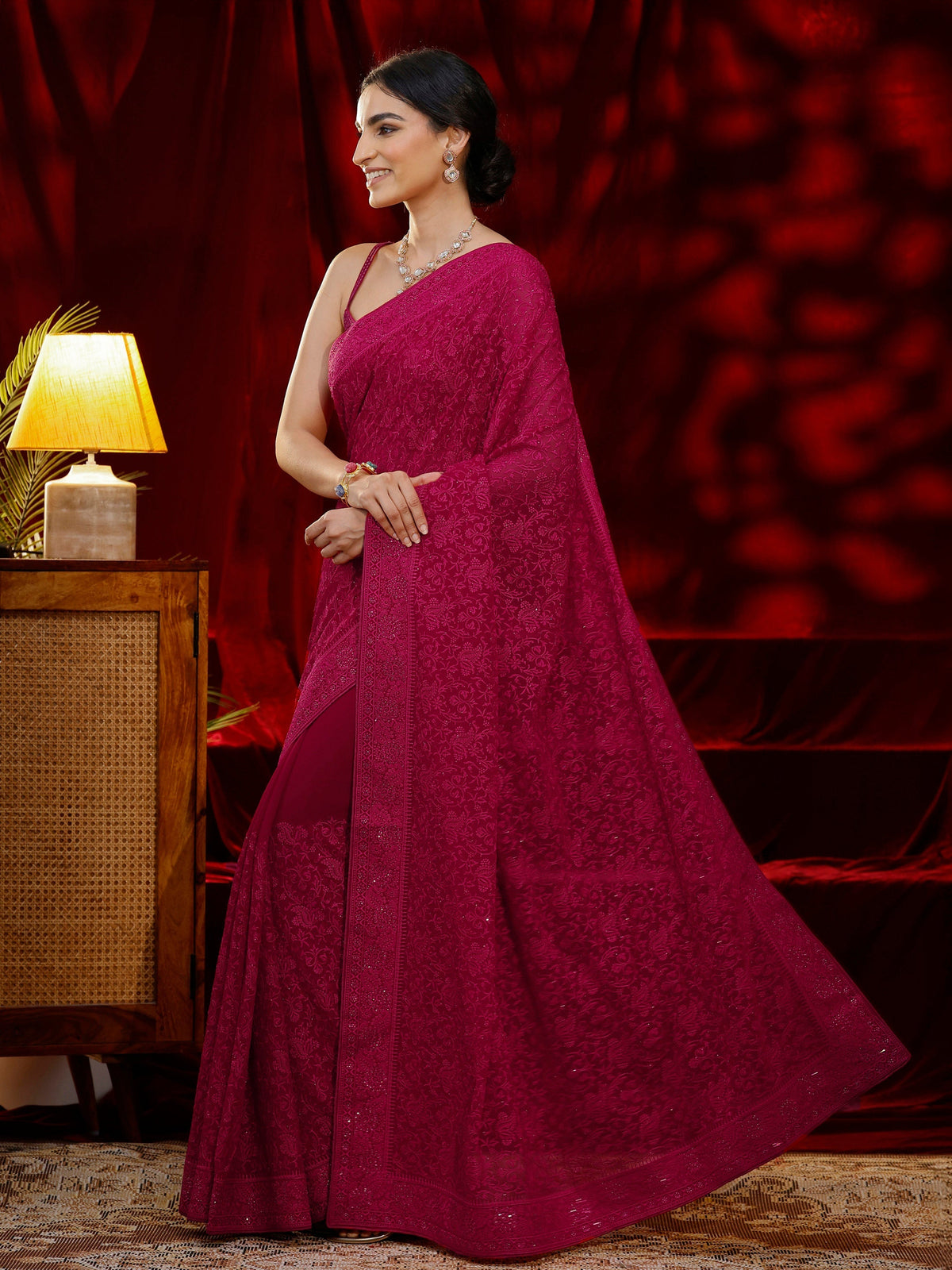 Libas Art Pink Floral Embroidered Georgette Saree
