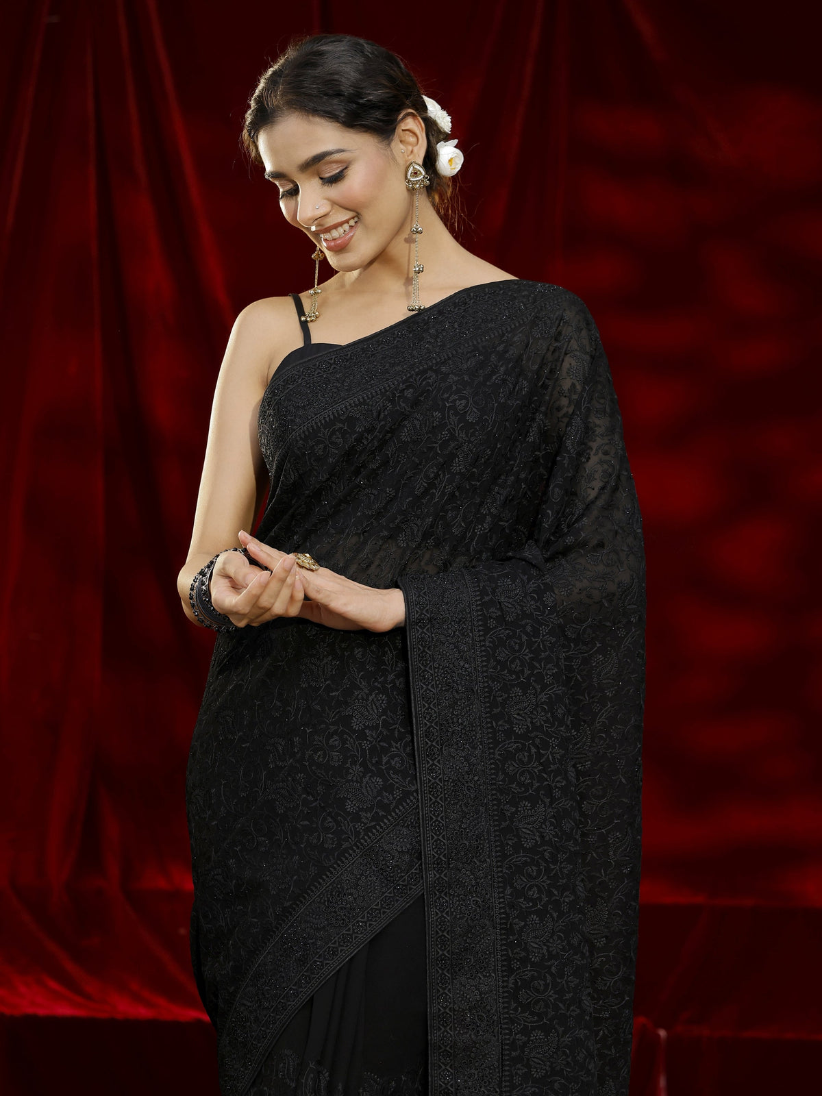 Libas Art Black Floral Embroidered Georgette Saree