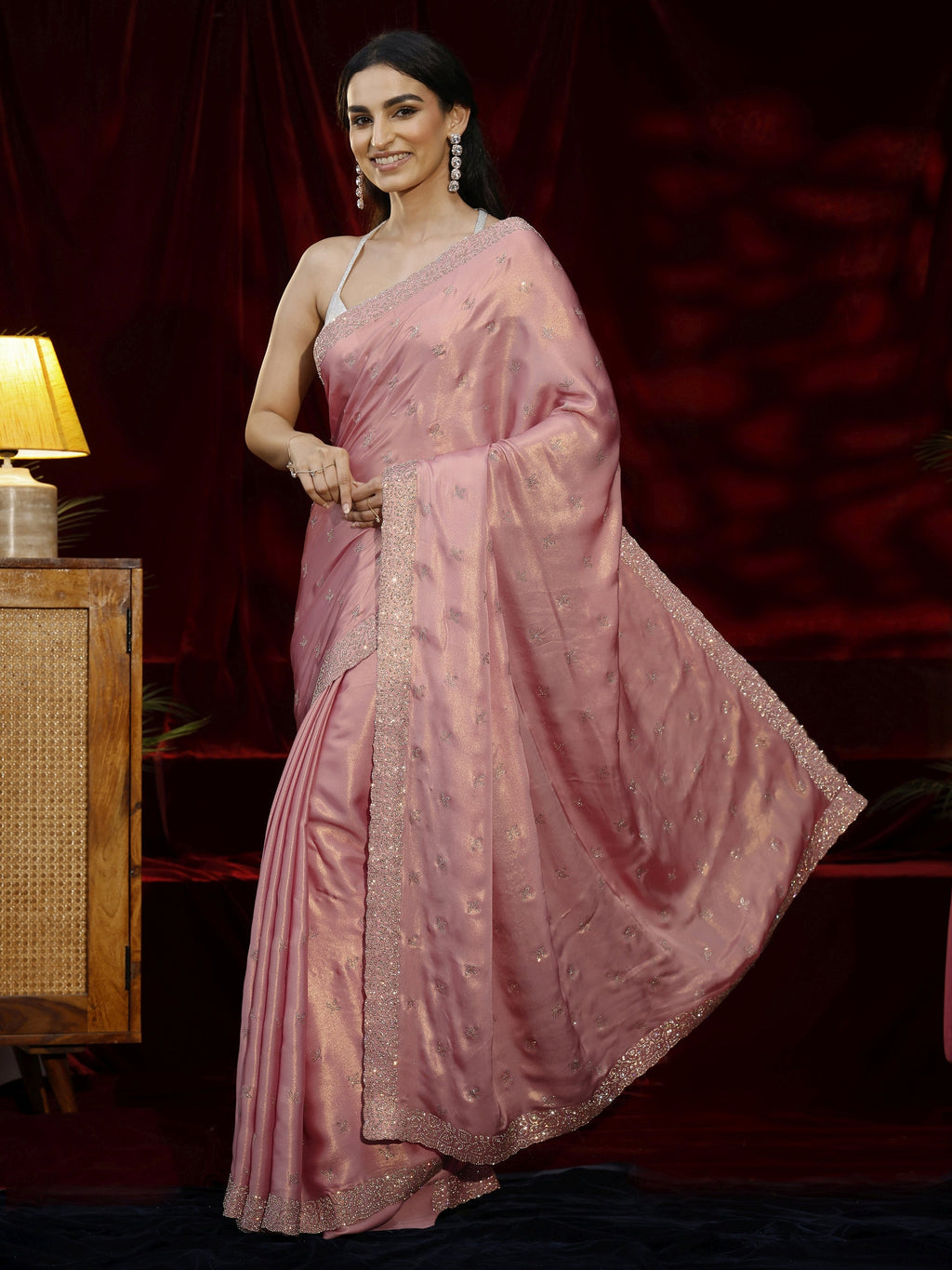 Libas Art Pink Floral Embellished Tissue Saree