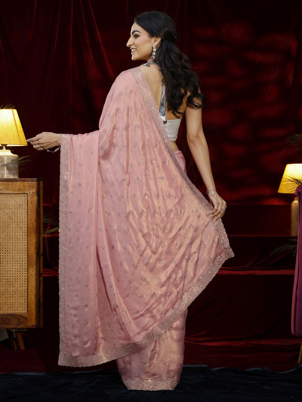 Libas Art Pink Floral Embellished Tissue Saree