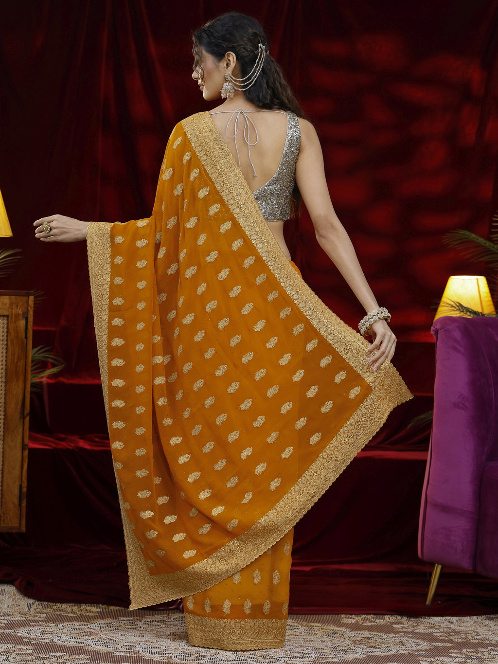 Libas Orange Embroidered Georgette Saree