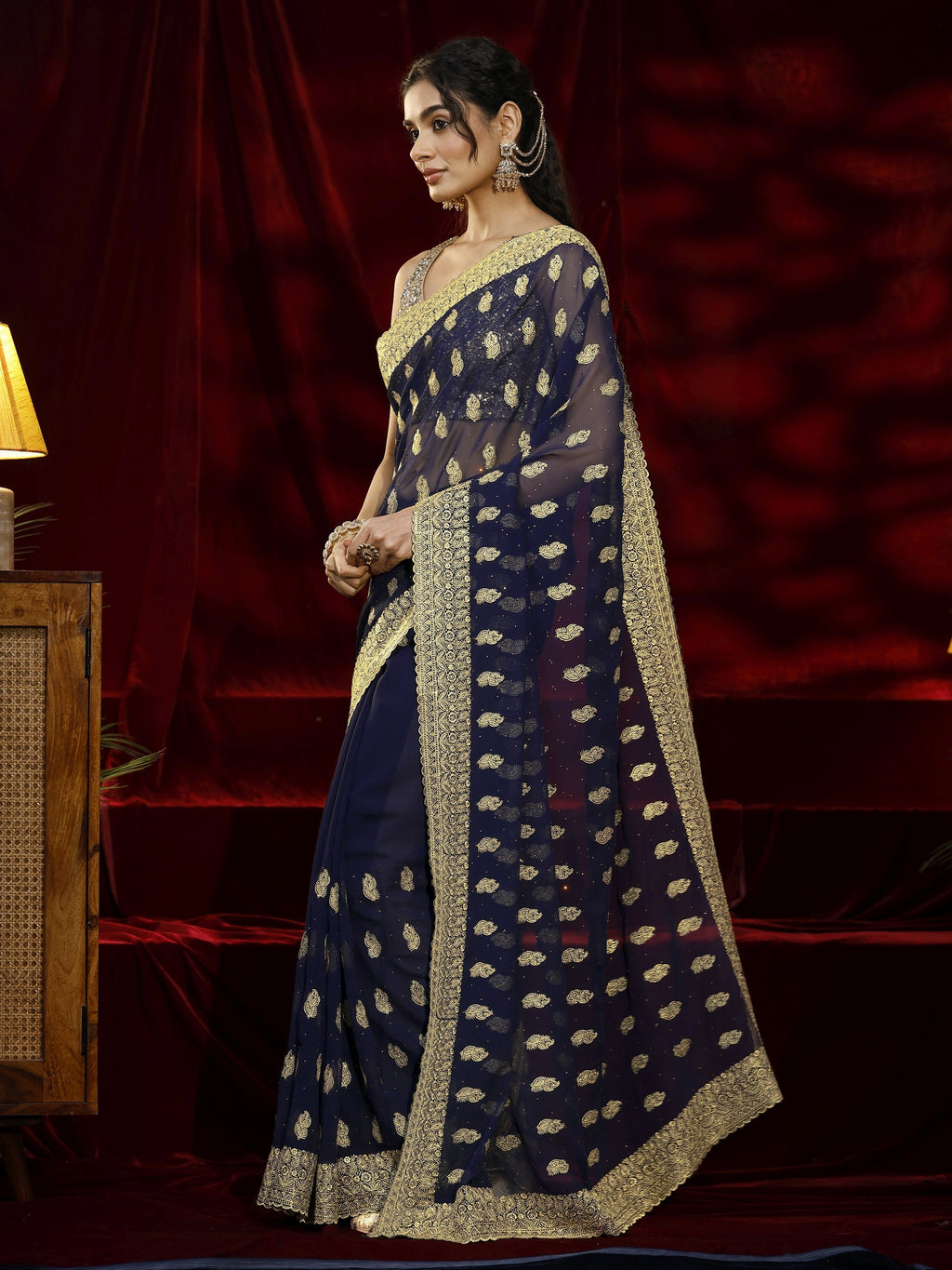 Libas Navy blue Embroidered Georgette Saree