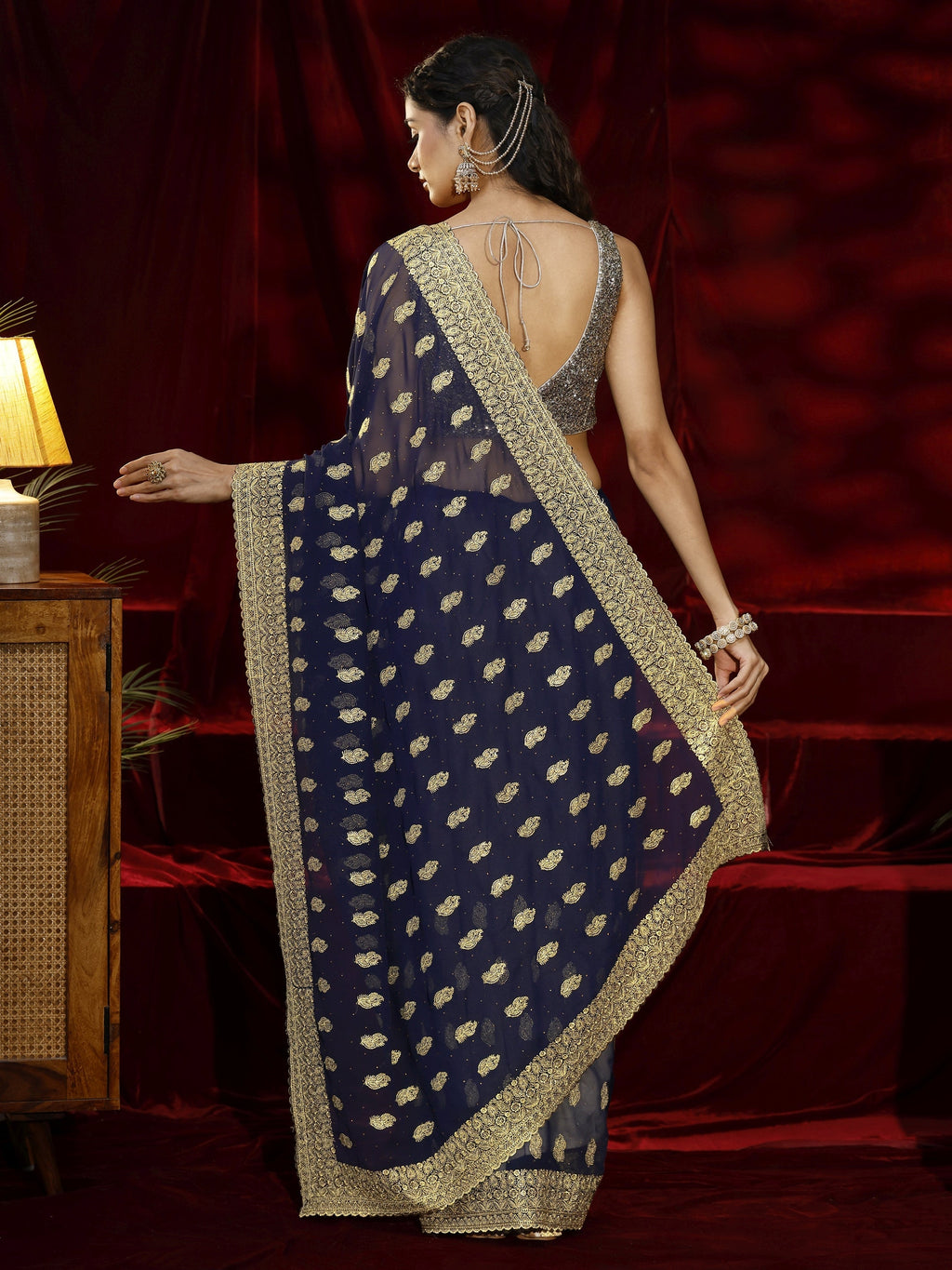Libas Navy blue Embroidered Georgette Saree