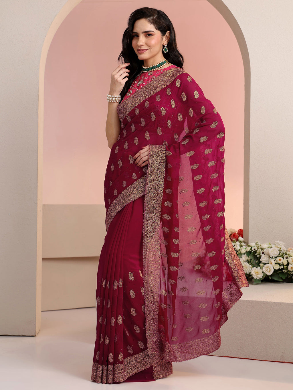 Libas Rani Pink Embroidered Georgette Saree