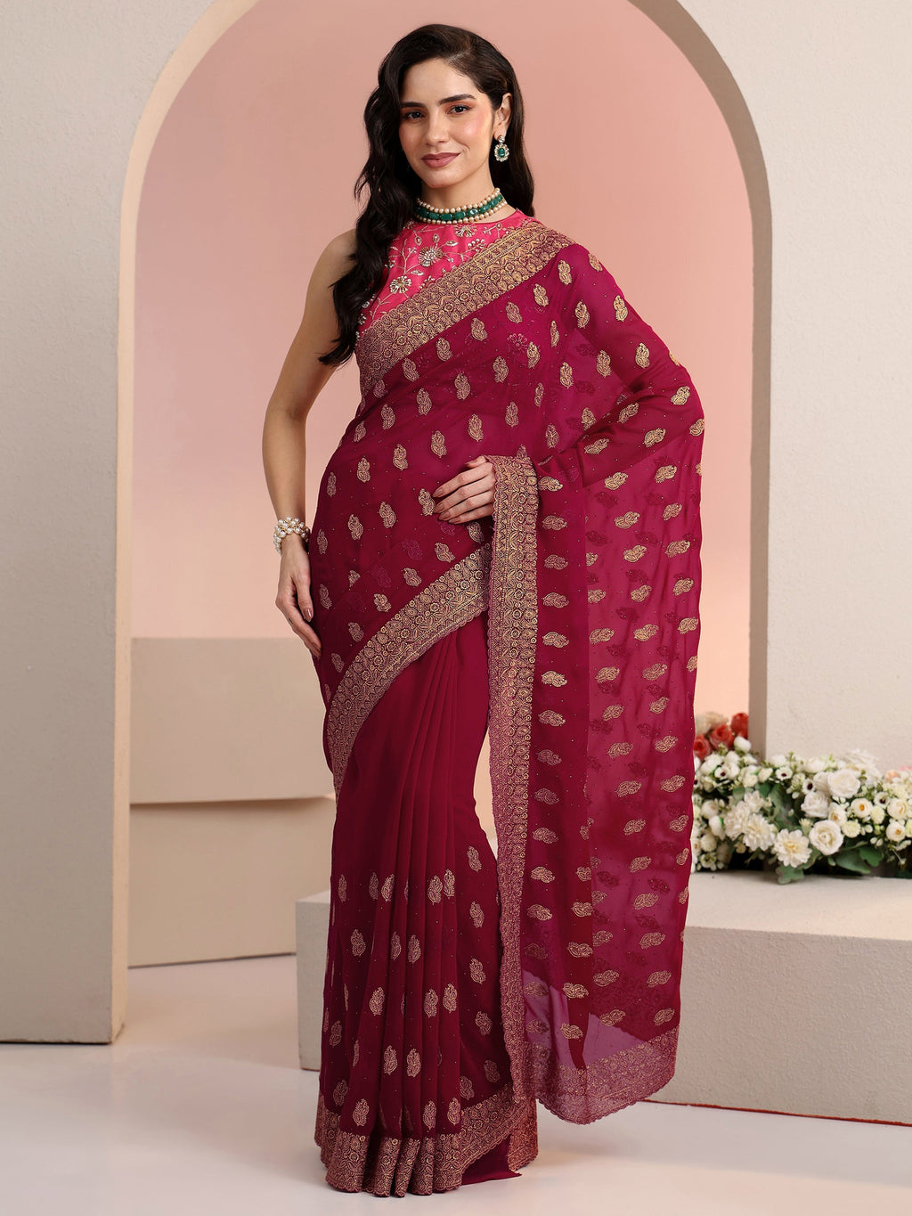 Libas Rani Pink Embroidered Georgette Saree