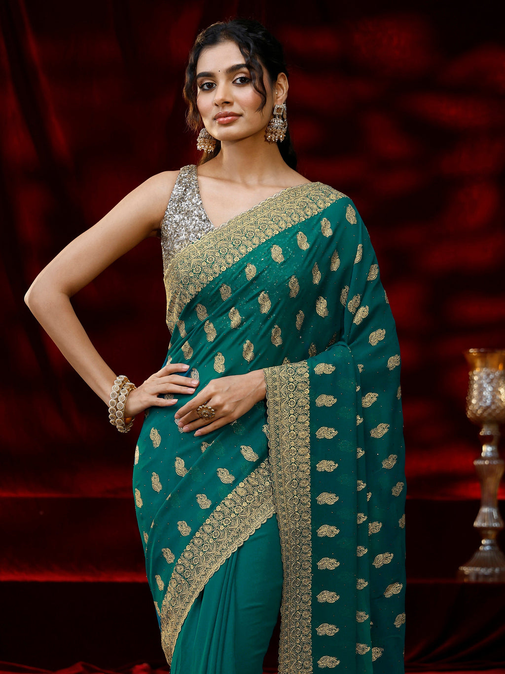 Libas Green Embroidered Georgette Saree