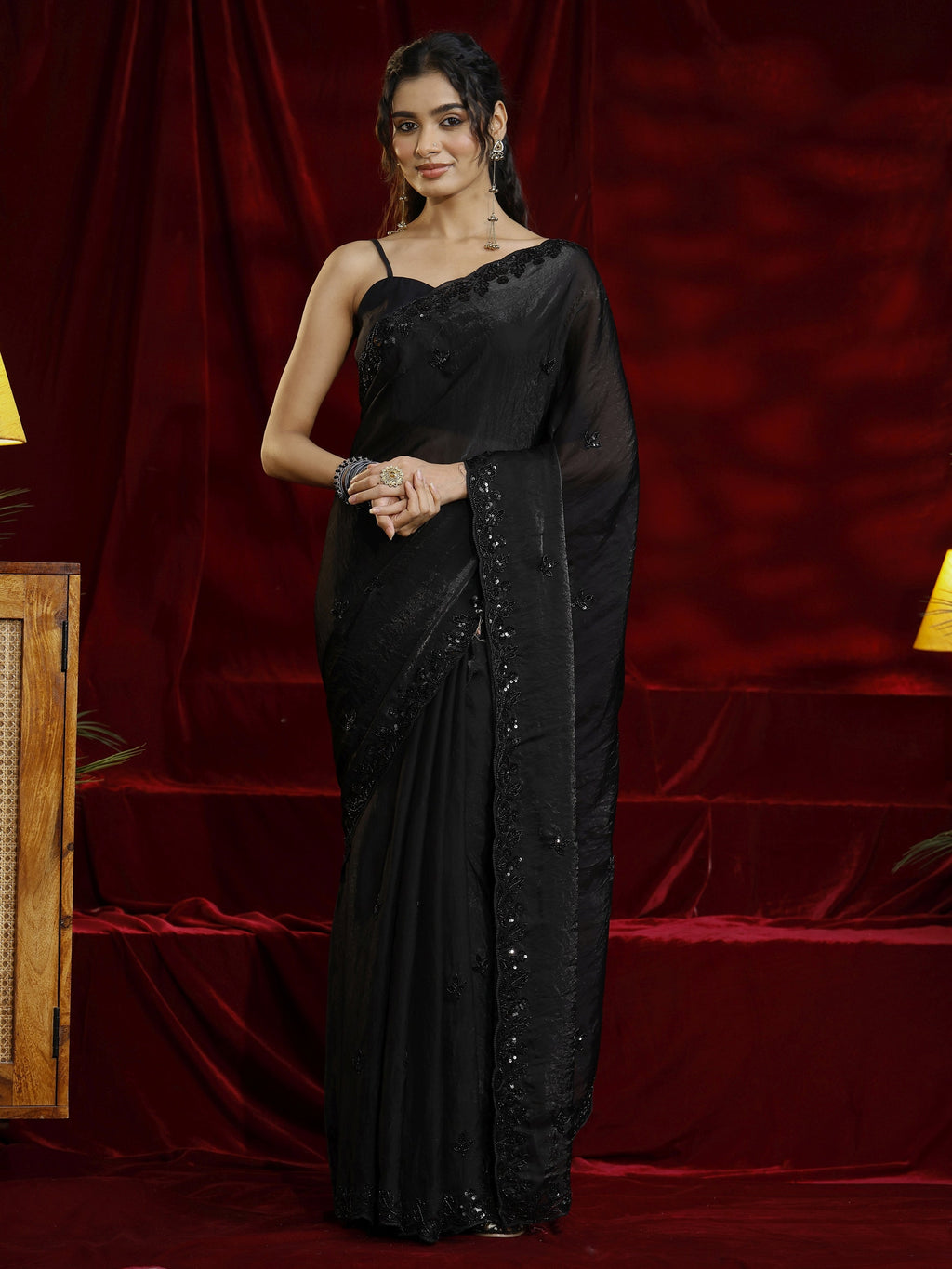 Libas Black Floral Embellished Tissue Saree