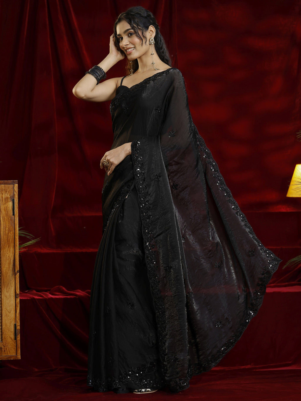 Libas Black Floral Embellished Tissue Saree