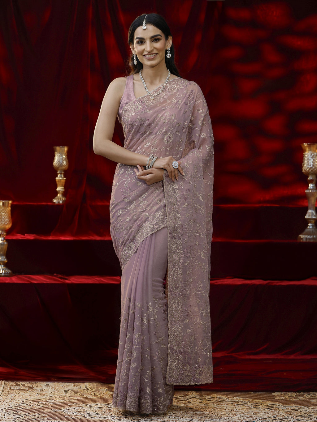 Libas Lavender Floral Embroidered Chiffon Saree