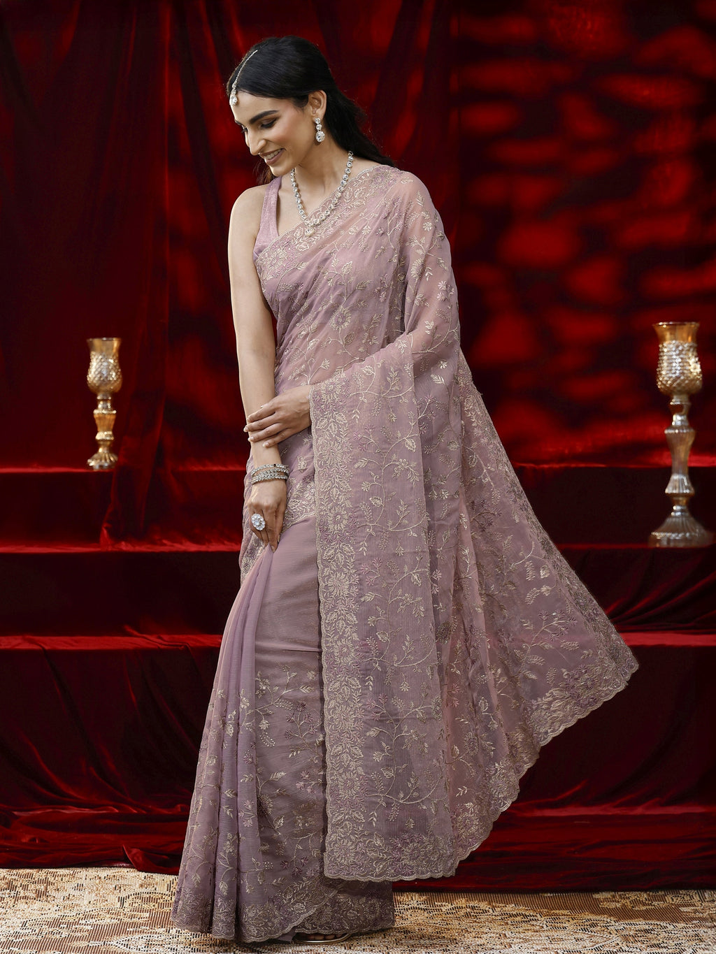 Libas Lavender Floral Embroidered Chiffon Saree