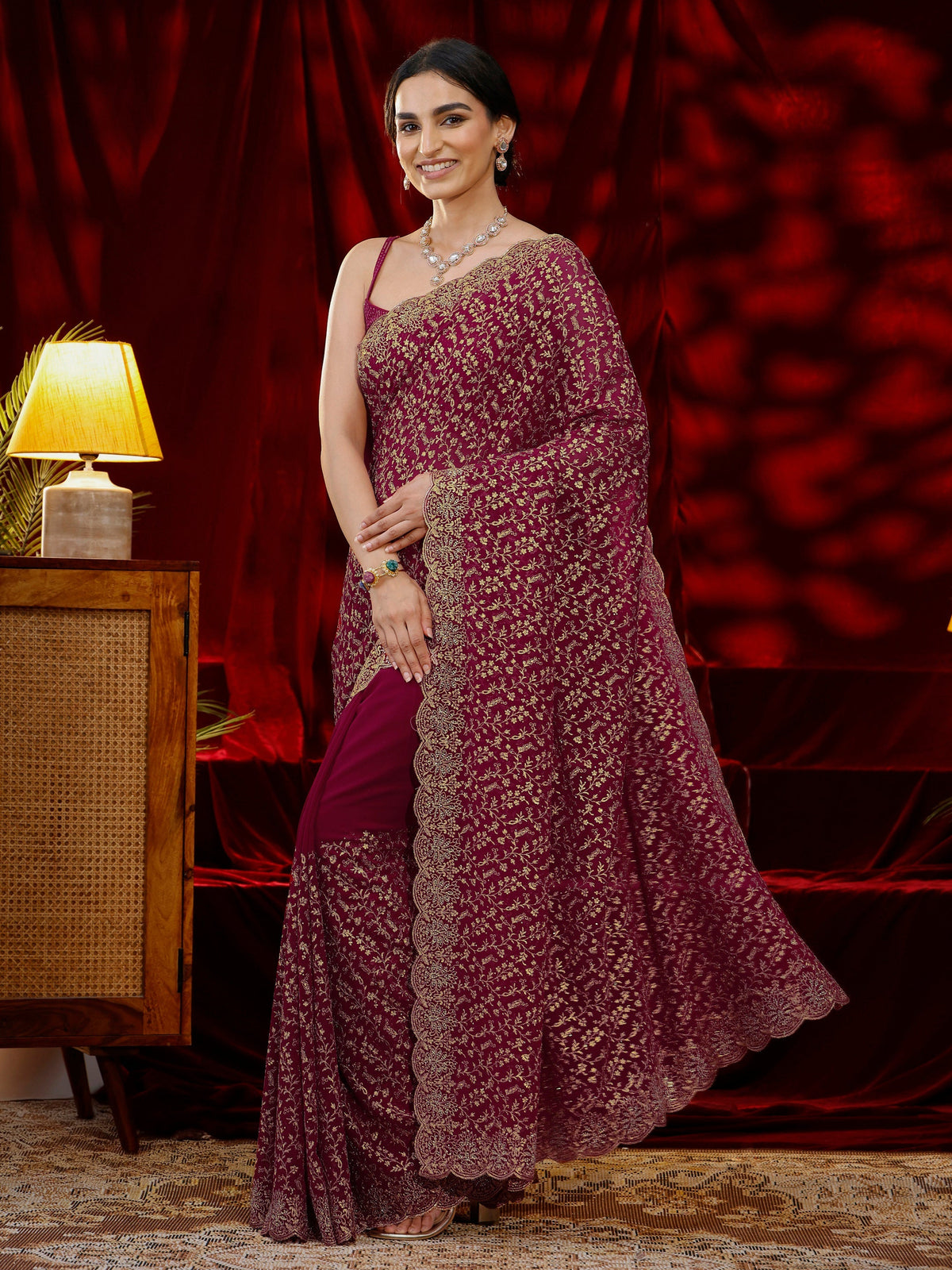 Libas Pink Floral Embroidered Georgette Saree