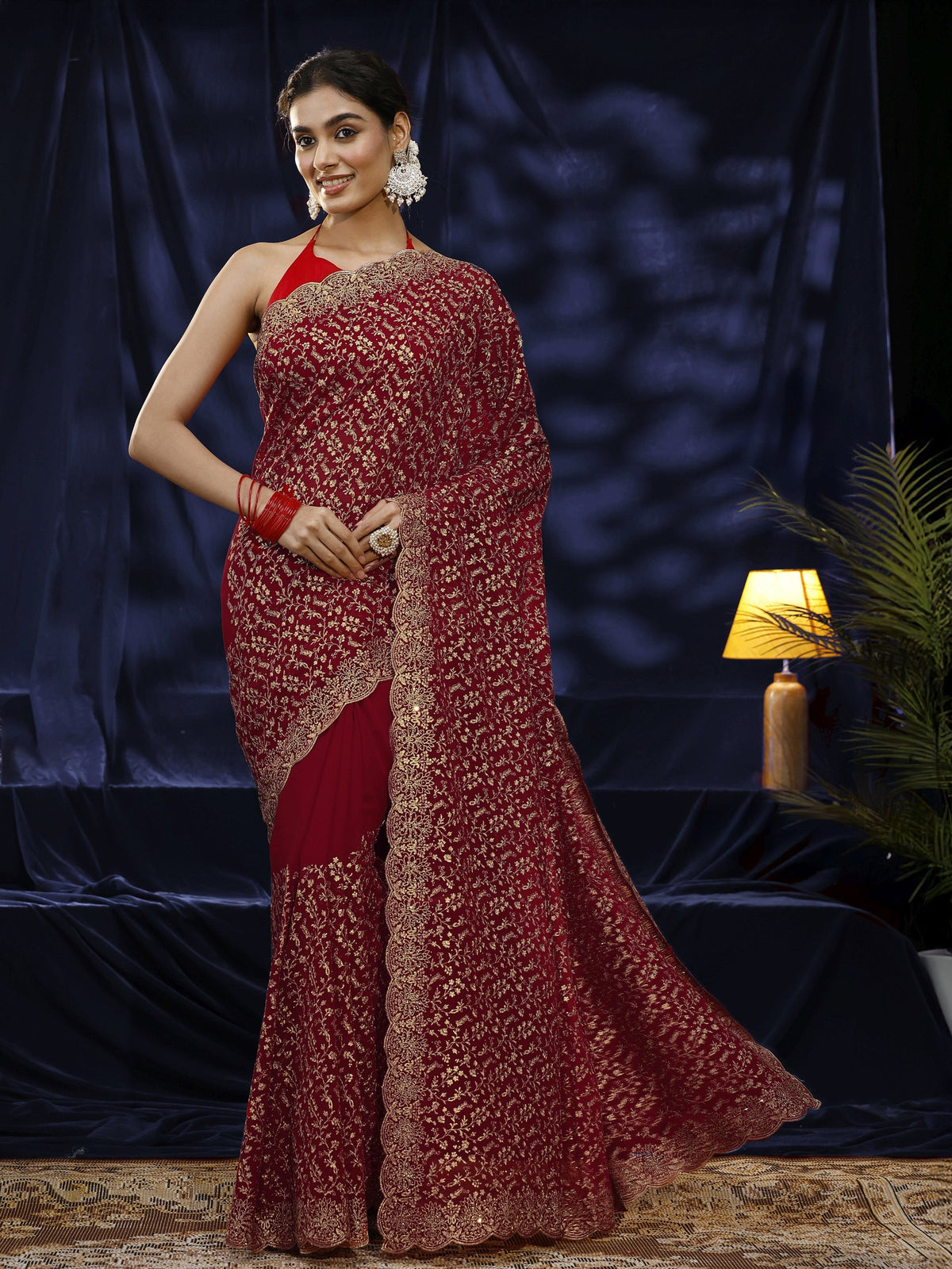 Libas Red Floral Embroidered Georgette Saree