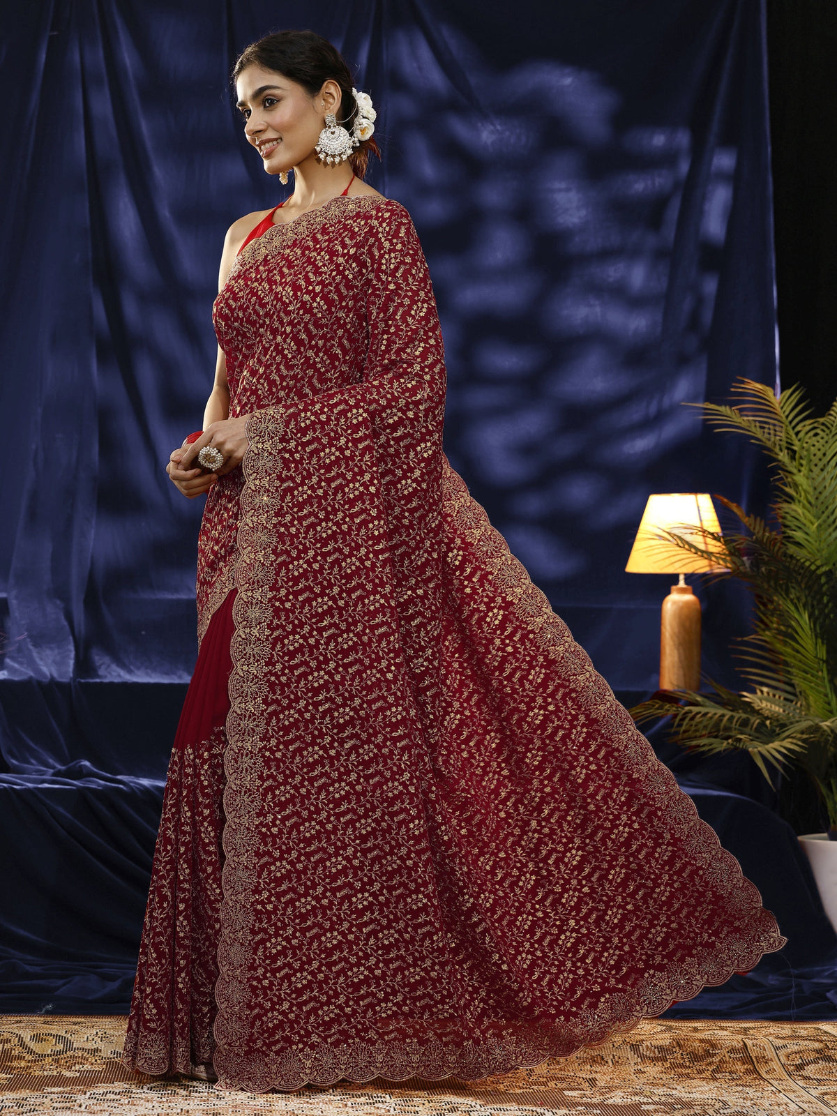 Libas Red Floral Embroidered Georgette Saree