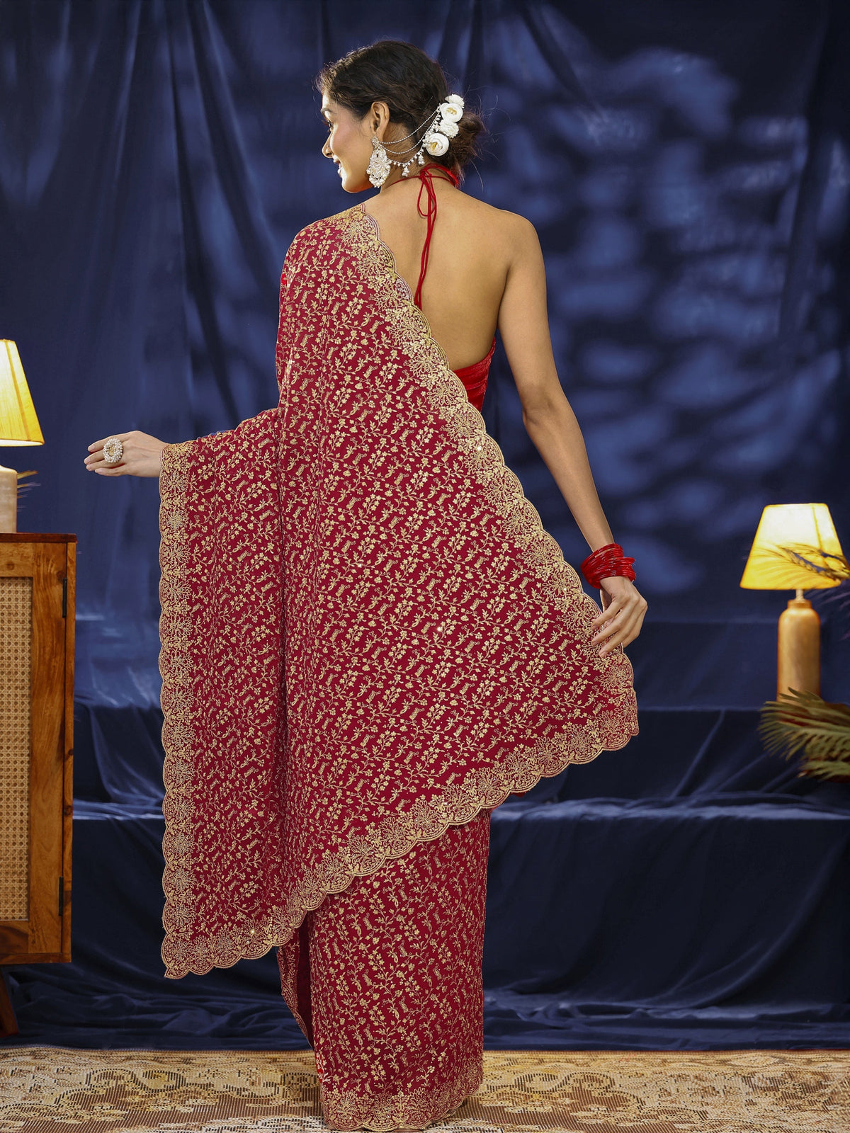 Libas Red Floral Embroidered Georgette Saree