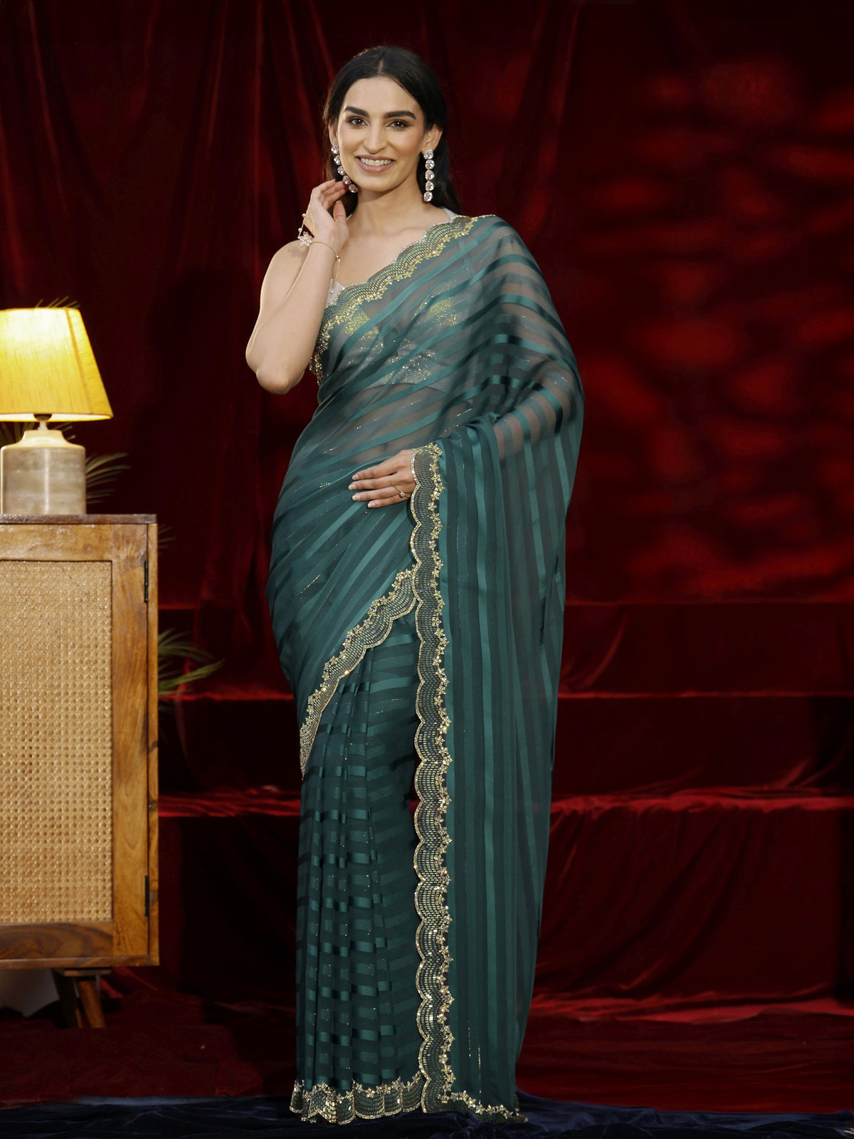 Libas Green Striped Net Saree