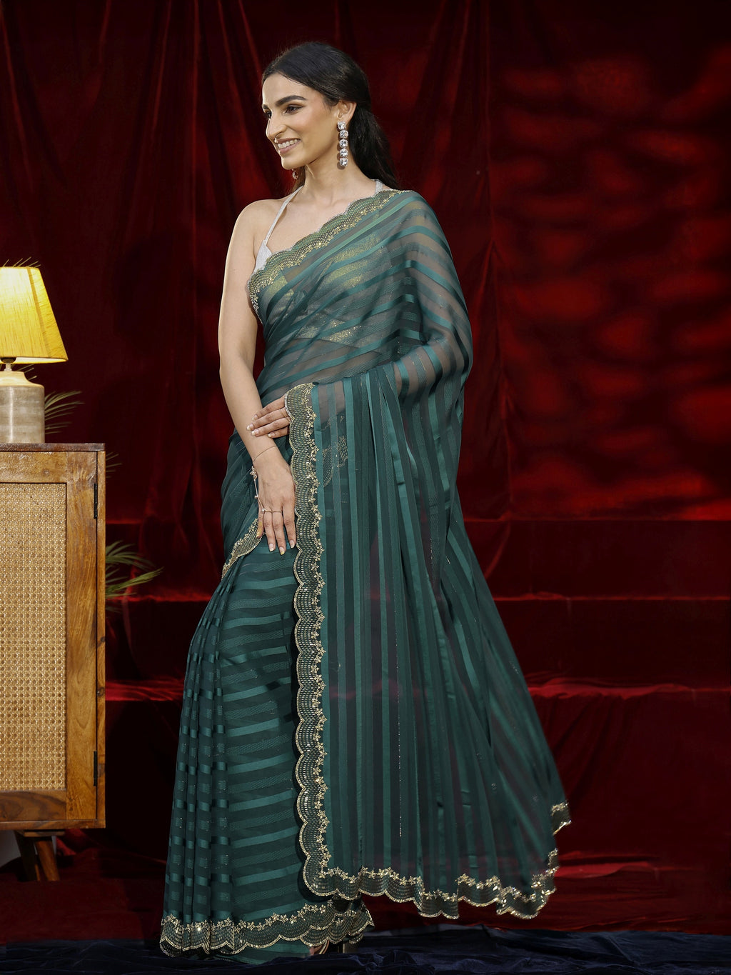 Libas Green Striped Net Saree