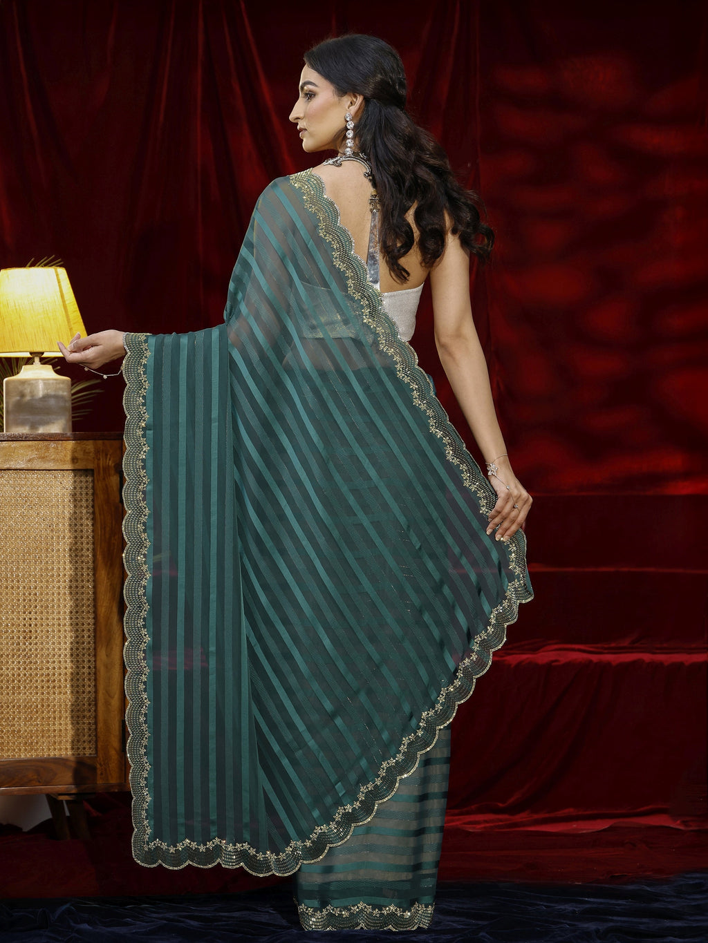Libas Green Striped Net Saree