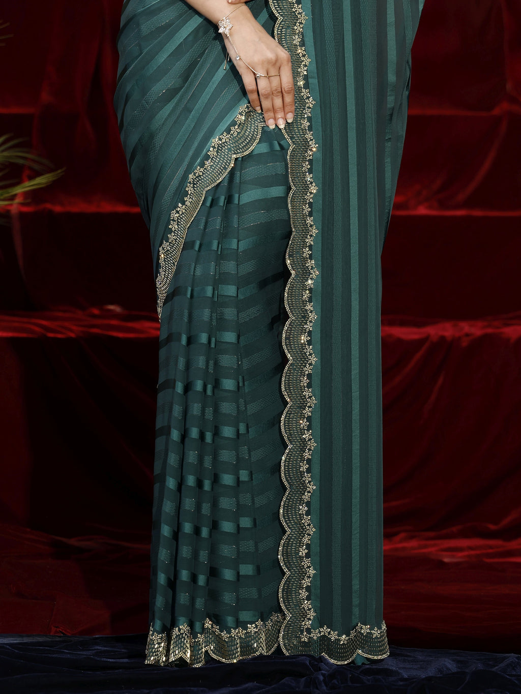 Libas Green Striped Net Saree