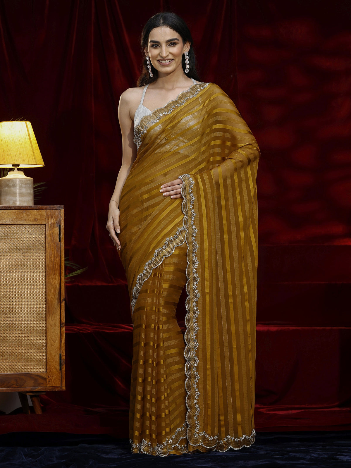 Libas Mustard Striped Net Saree