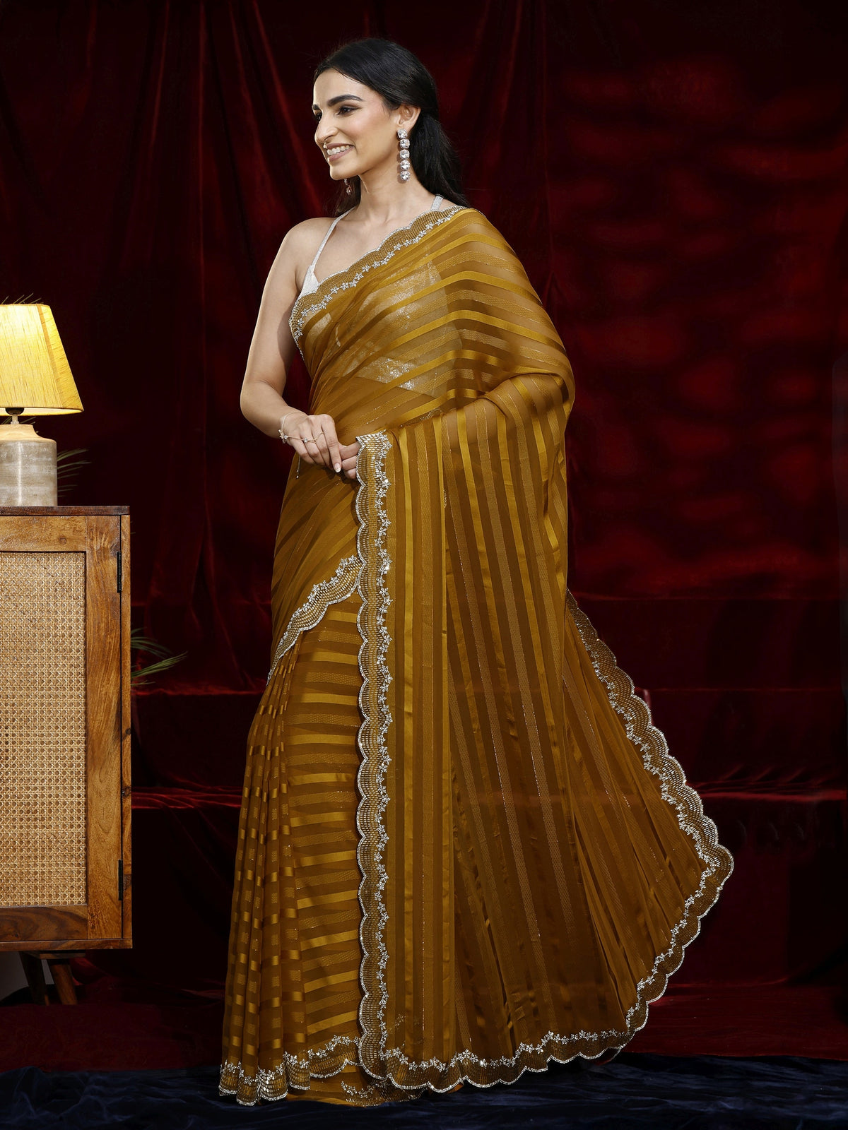Libas Mustard Striped Net Saree